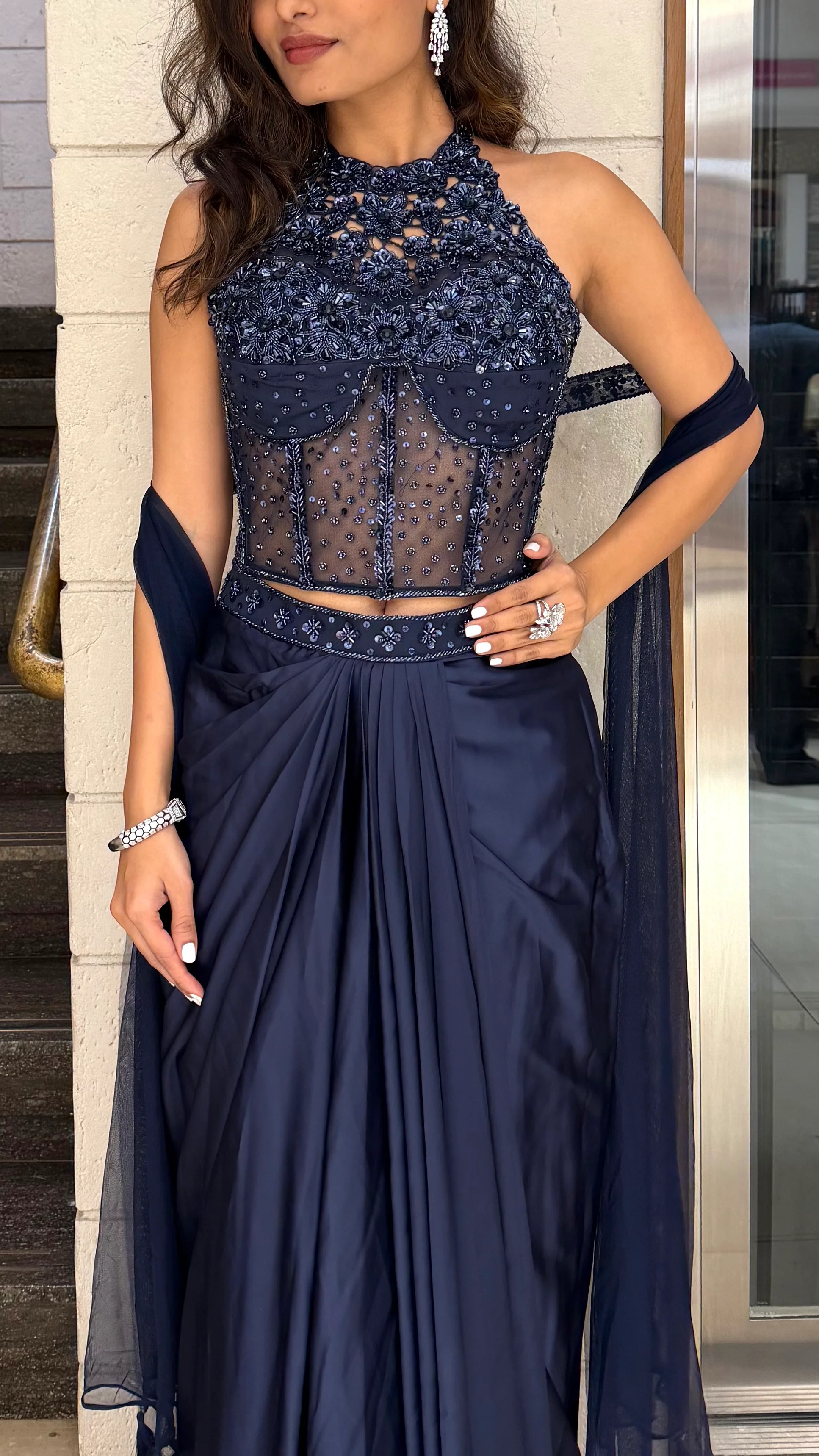 Midnight Navy Embroidered Indo-Western Drape Gown with Dupatta - Image 2