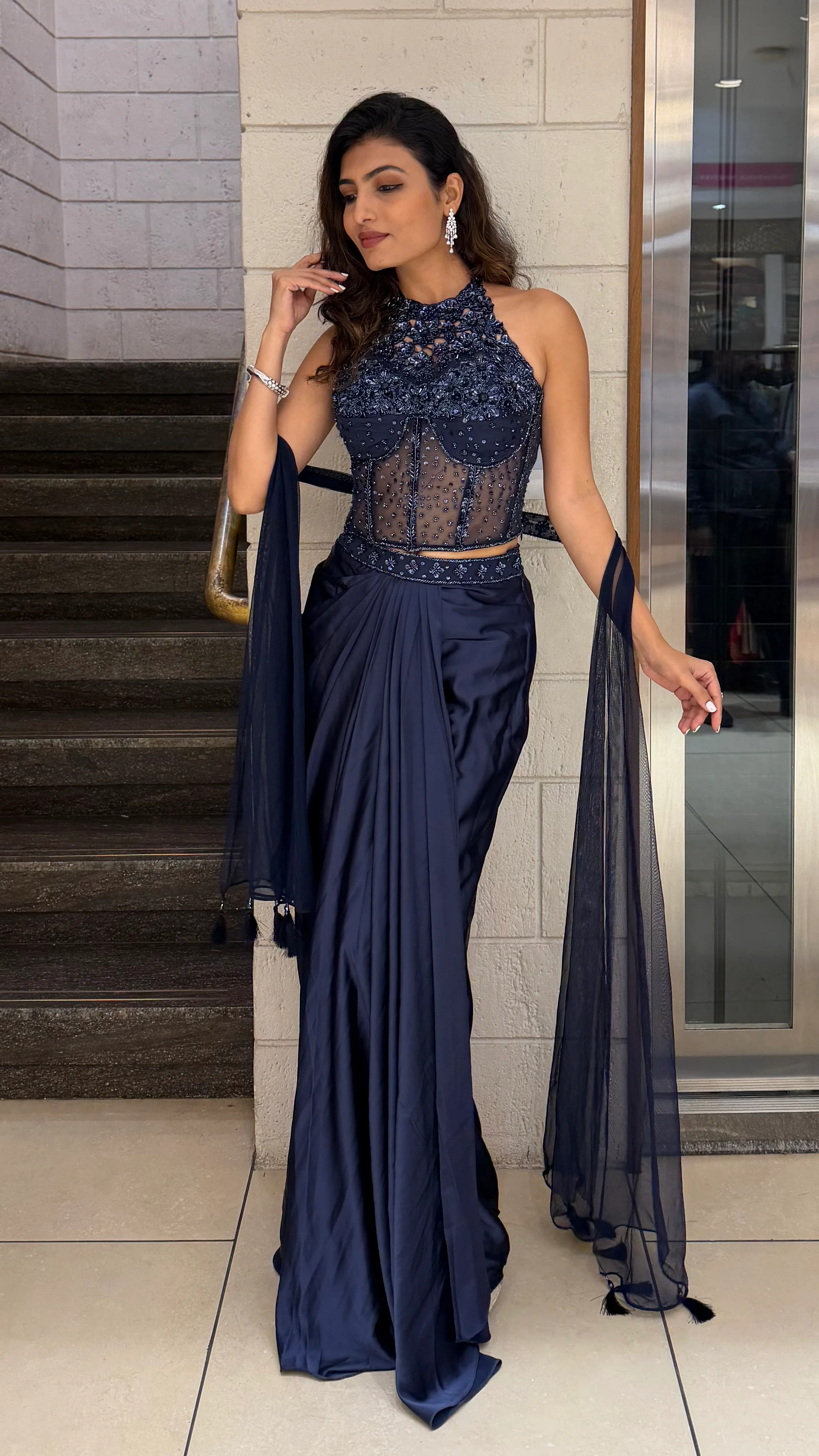 Midnight Navy Embroidered Indo-Western Drape Gown with Dupatta - Image 3