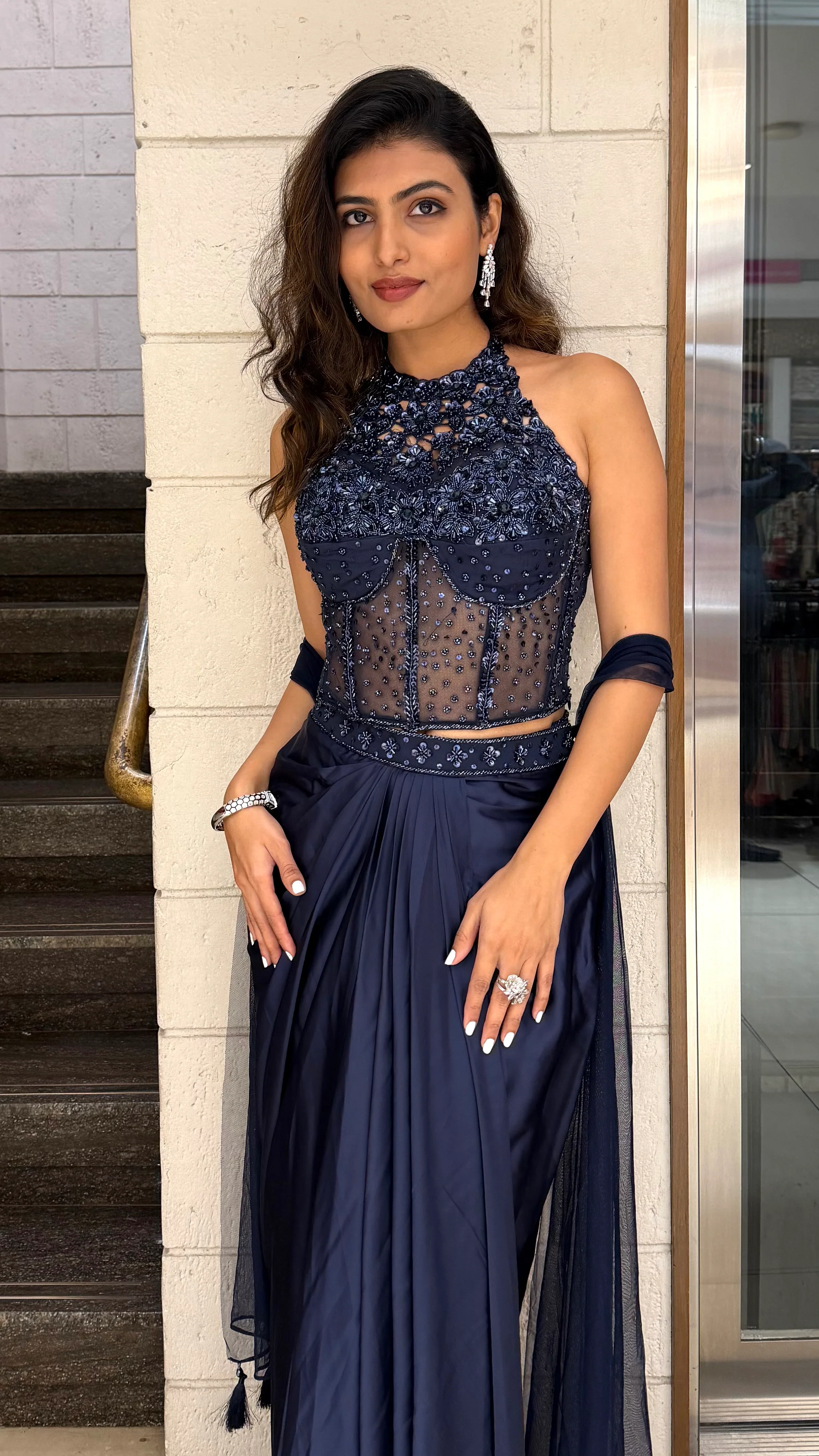 Midnight Navy Embroidered Indo-Western Drape Gown with Dupatta - Image 4