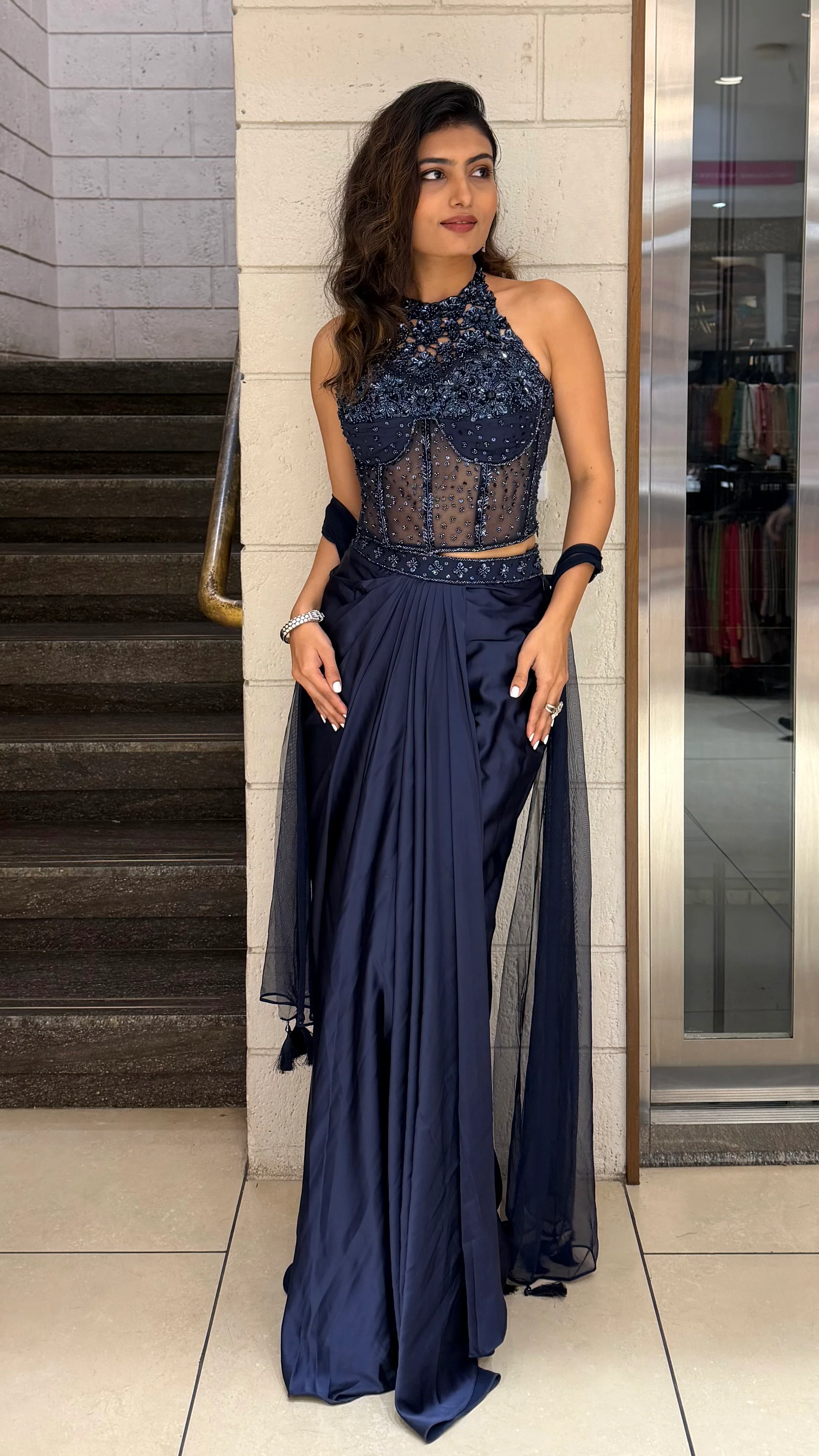 Midnight Navy Embroidered Indo-Western Drape Gown with Dupatta - Image 5