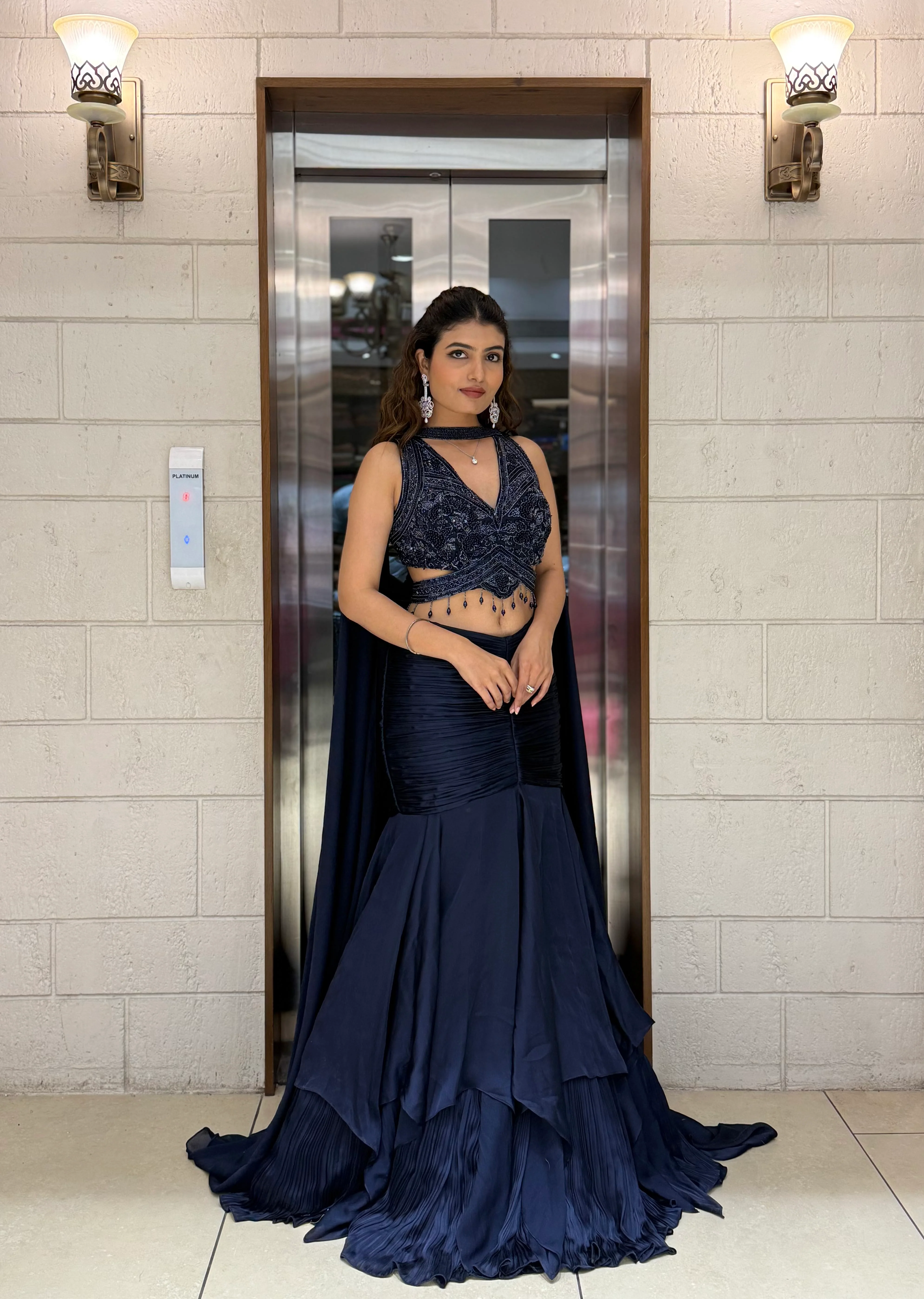 Midnight Navy Indo-Western Mermaid Gown with Embellished Corset & Flowing Cape Sleeves - Image 3