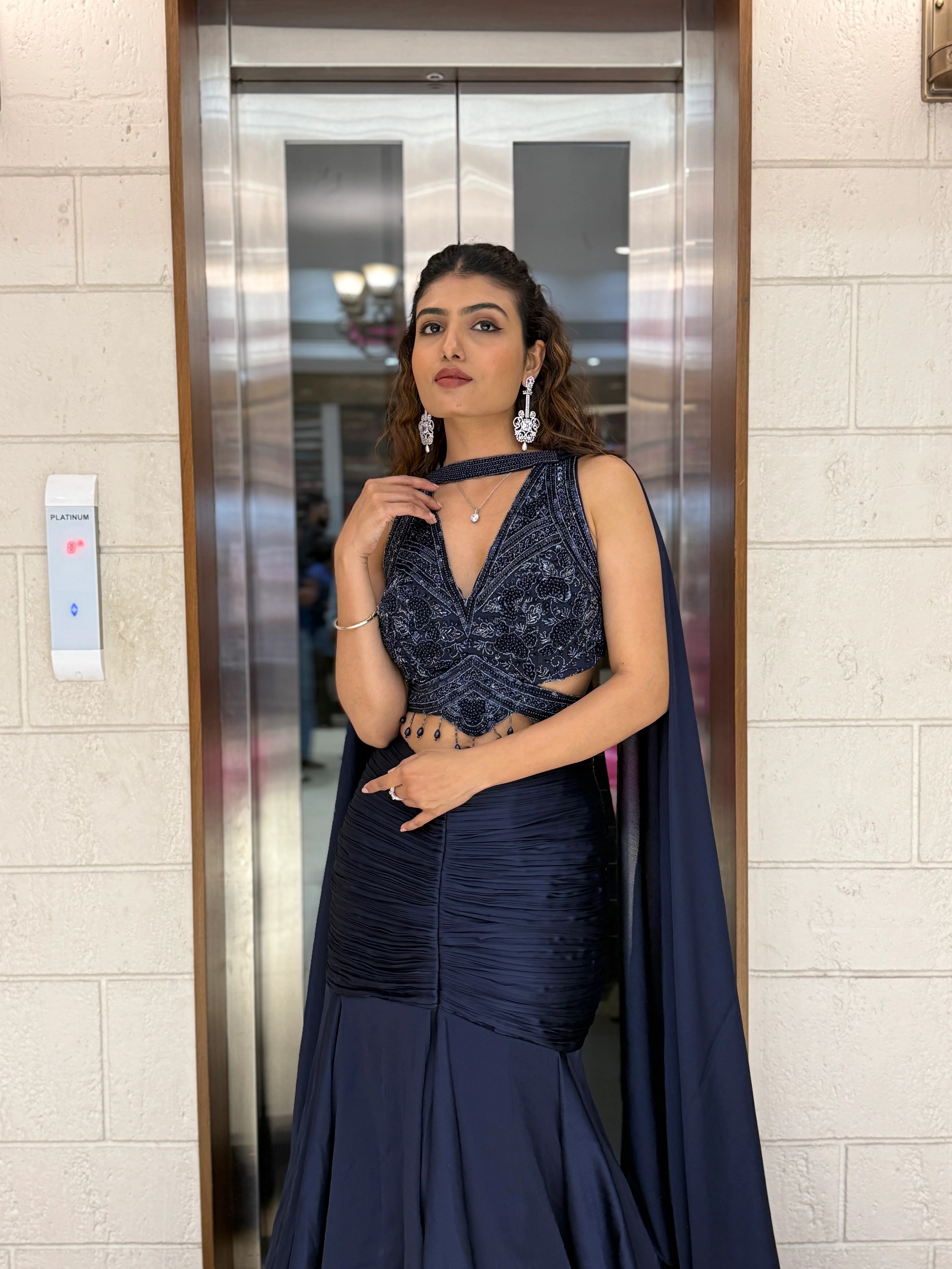 Midnight Navy Indo-Western Mermaid Gown with Embellished Corset & Flowing Cape Sleeves - Image 4