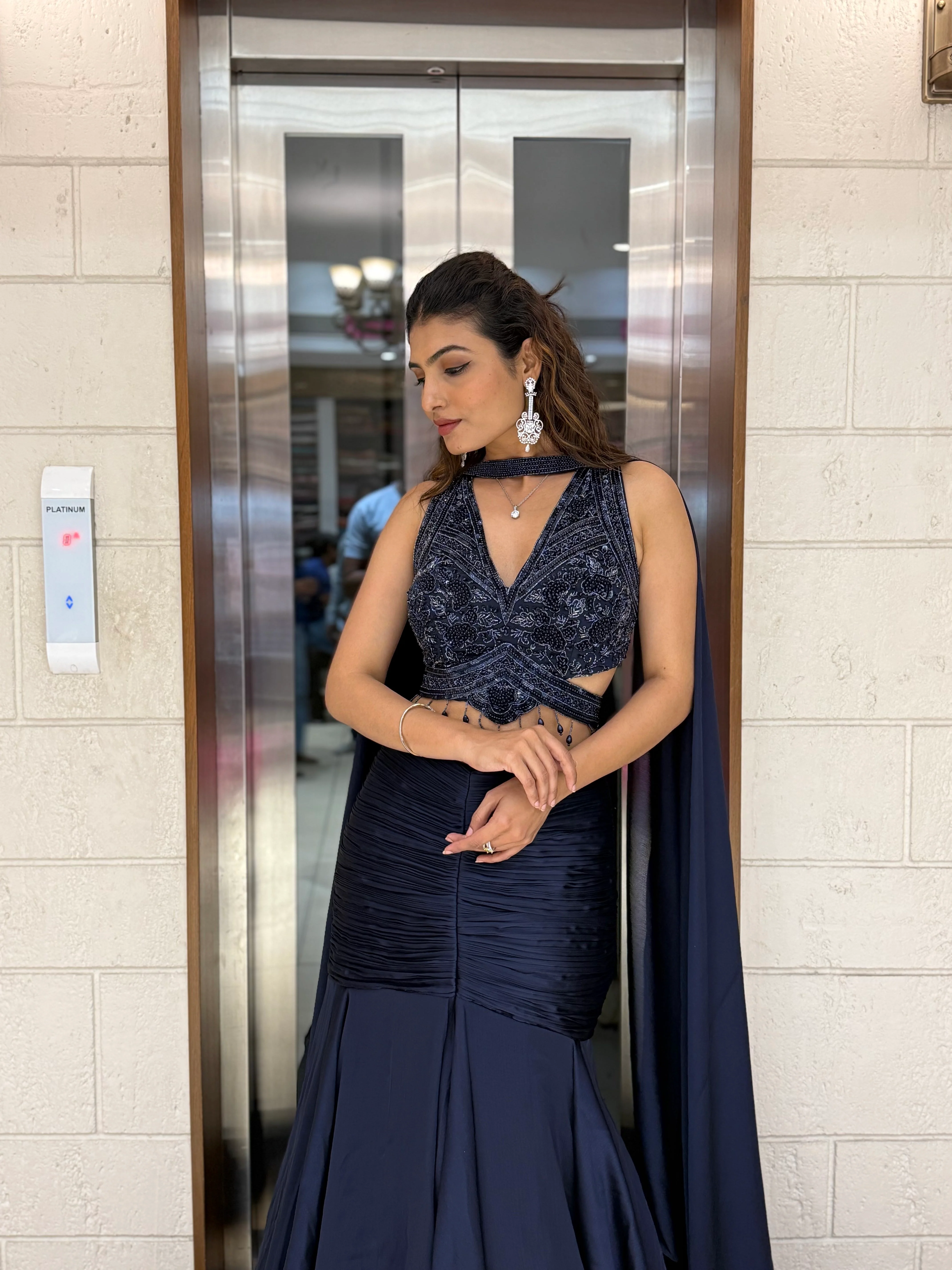 Midnight Navy Indo-Western Mermaid Gown with Embellished Corset & Flowing Cape Sleeves - Image 5