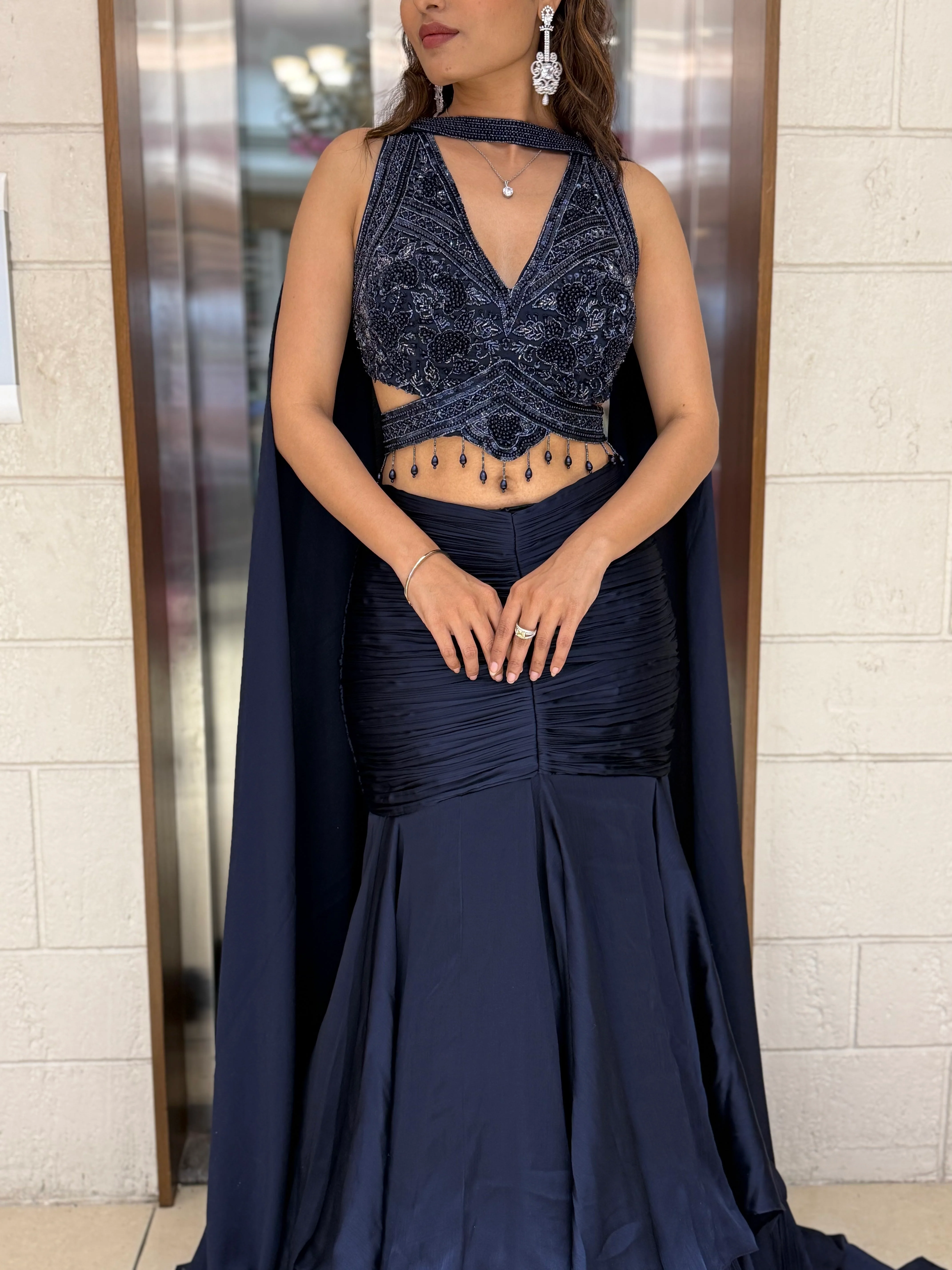 Midnight Navy Indo-Western Mermaid Gown with Embellished Corset & Flowing Cape Sleeves - Image 6