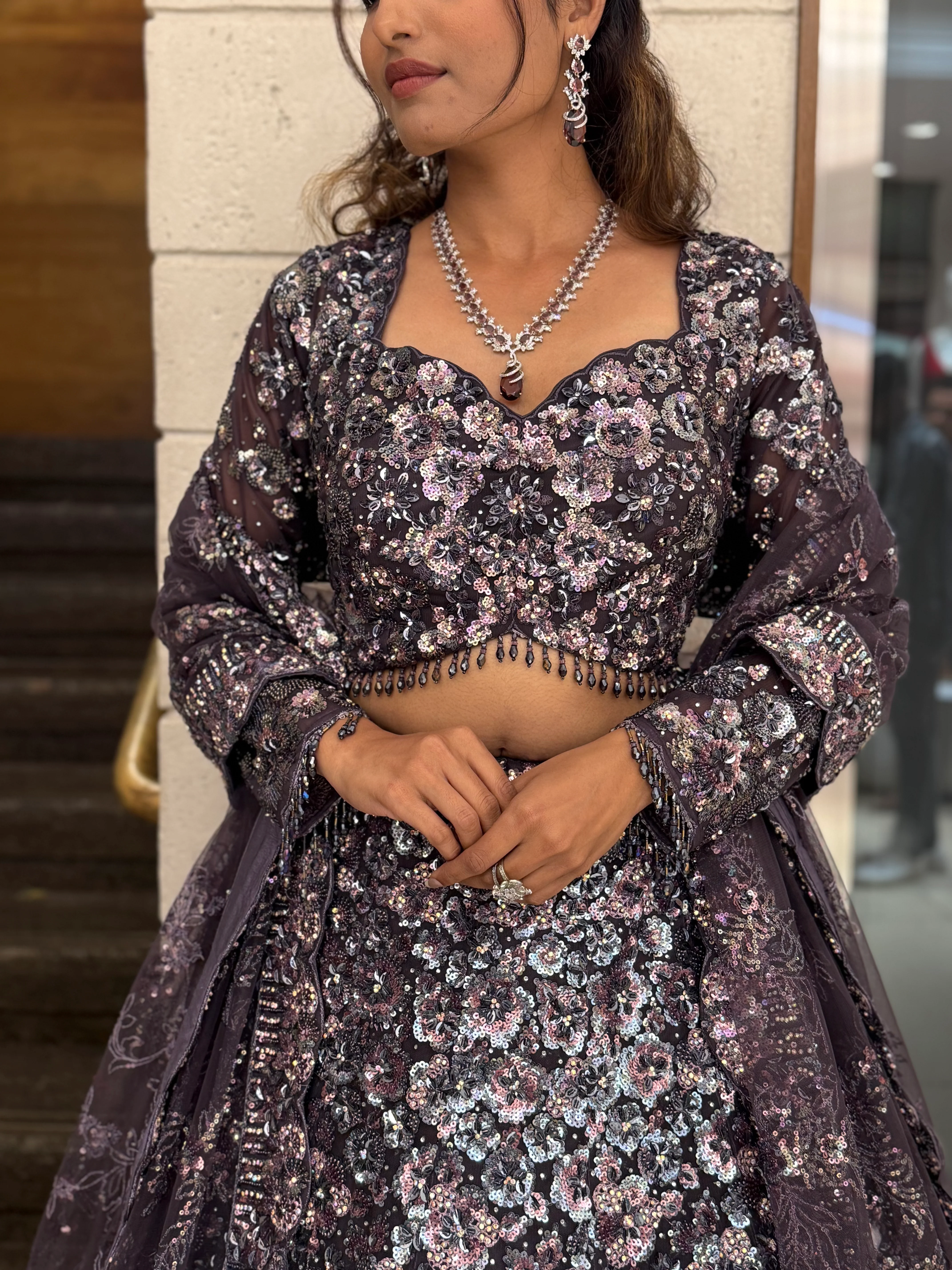 Midnight Plum Heavy Sequin Embroidered Designer Lehenga Choli with Sheer Dupatta - Image 2