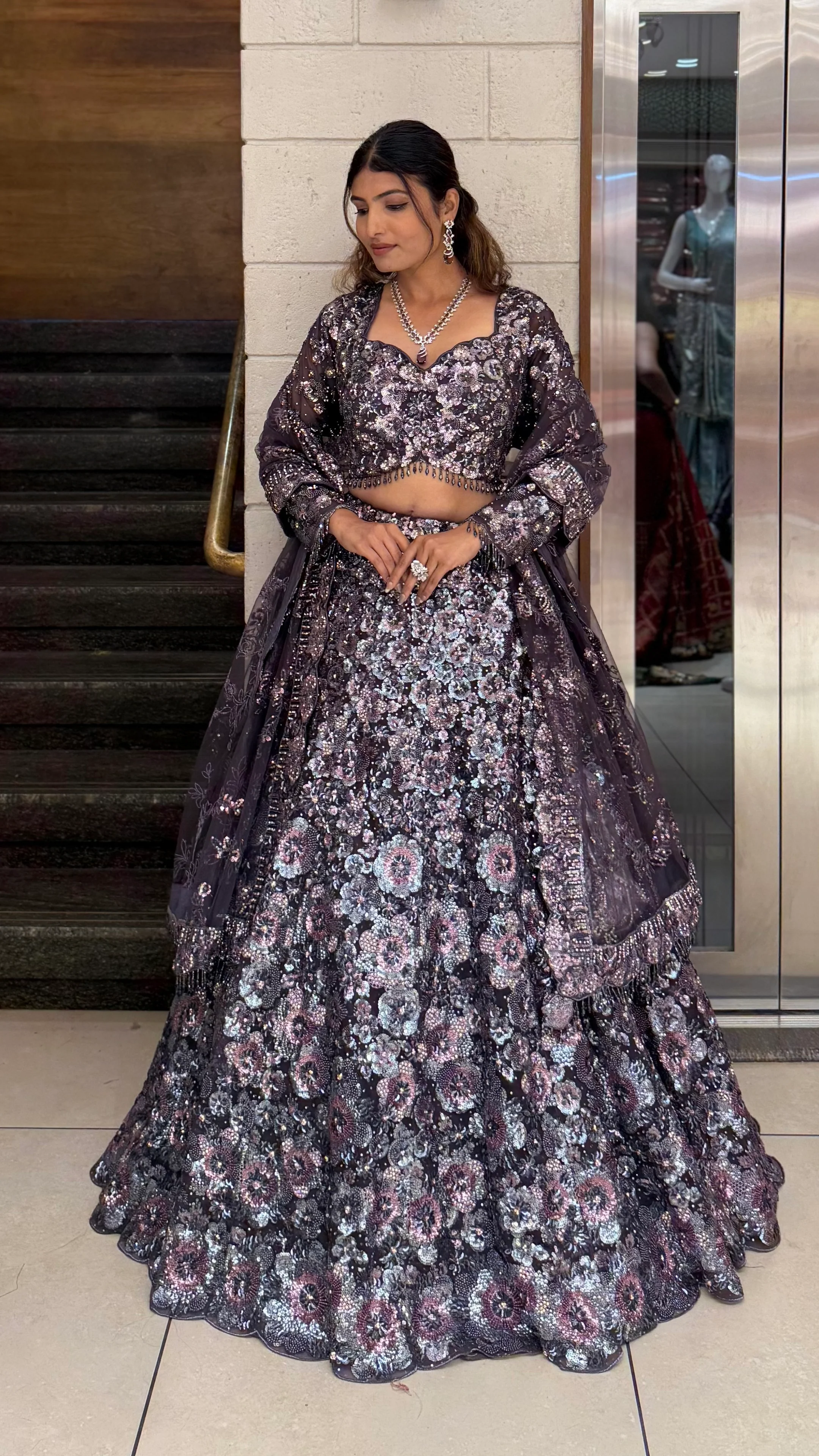 Midnight Plum Heavy Sequin Embroidered Designer Lehenga Choli with Sheer Dupatta - Image 3