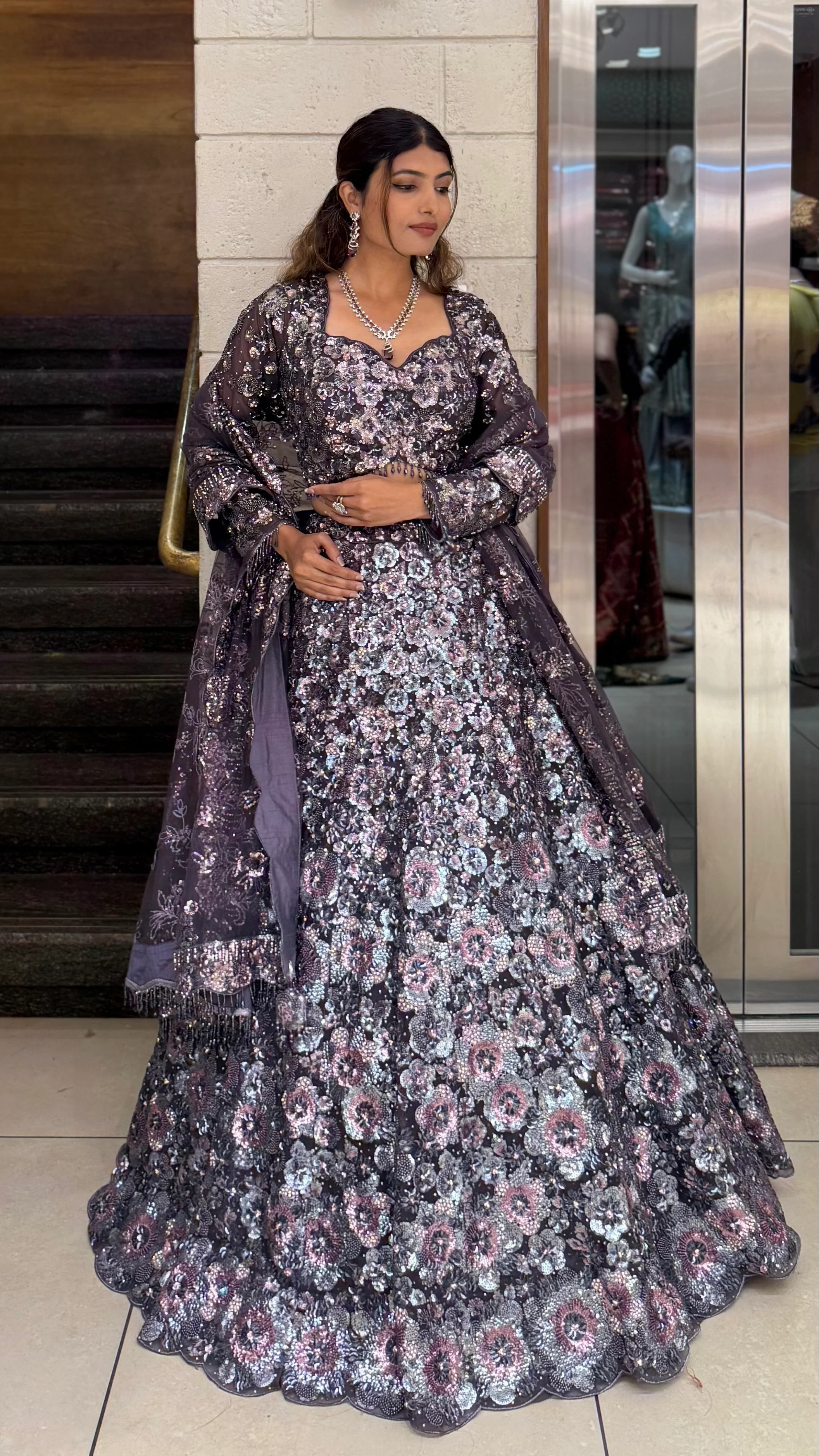 Midnight Plum Heavy Sequin Embroidered Designer Lehenga Choli with Sheer Dupatta - Image 4