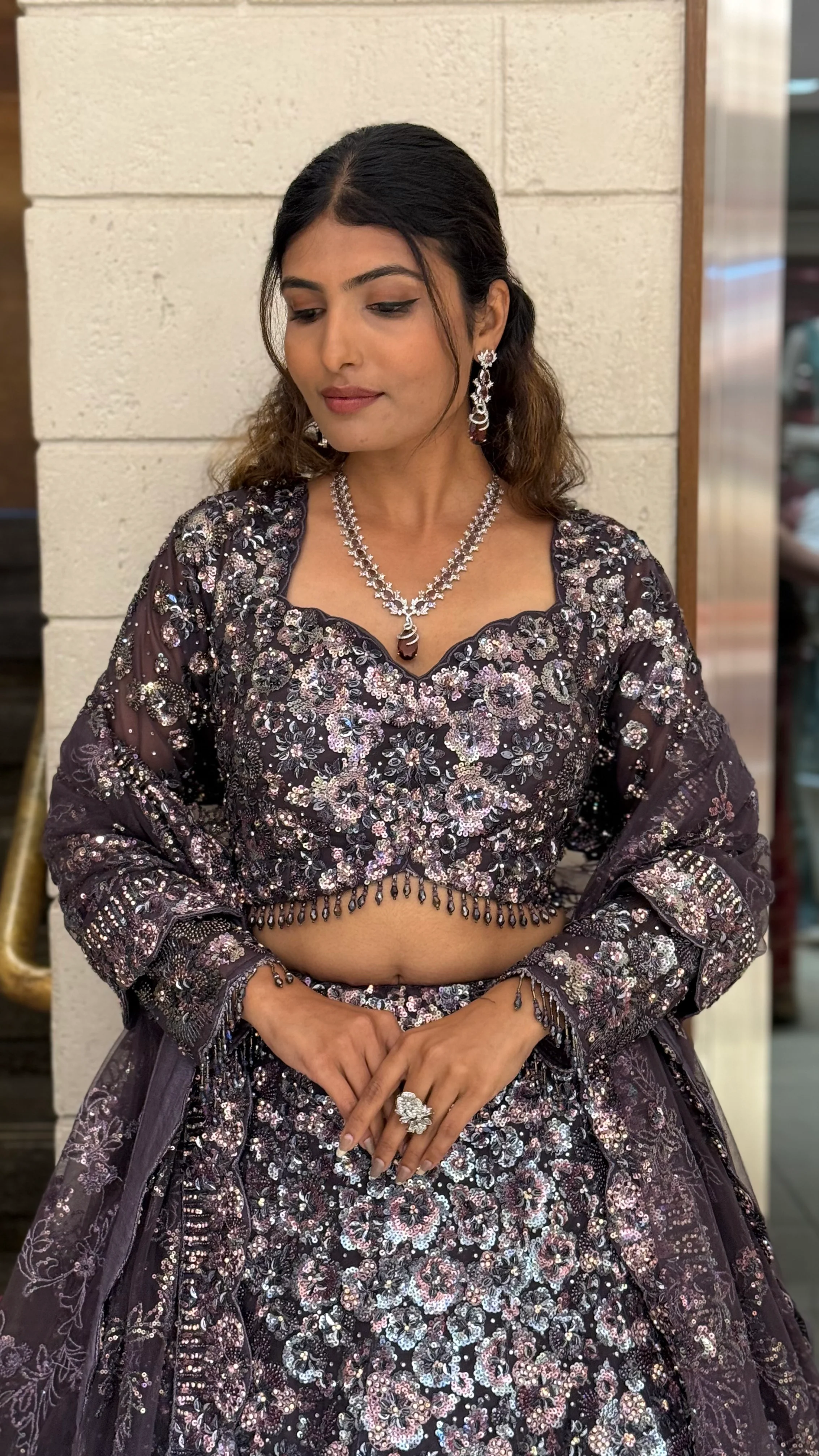 Midnight Plum Heavy Sequin Embroidered Designer Lehenga Choli with Sheer Dupatta - Image 6