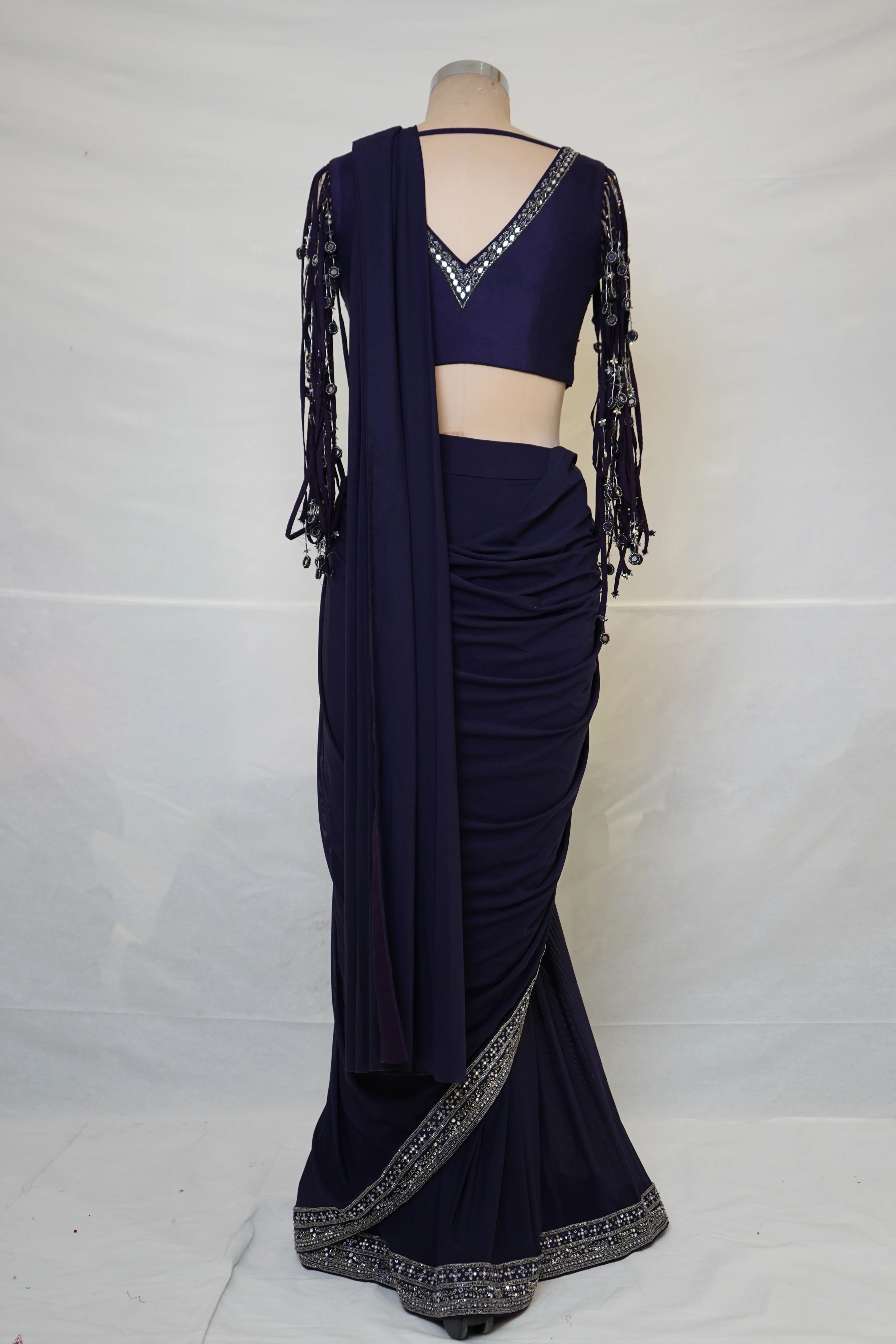 Midnight Purple Designer Saree with Embellished Fringe Blouse & Sequins Border - Image 10