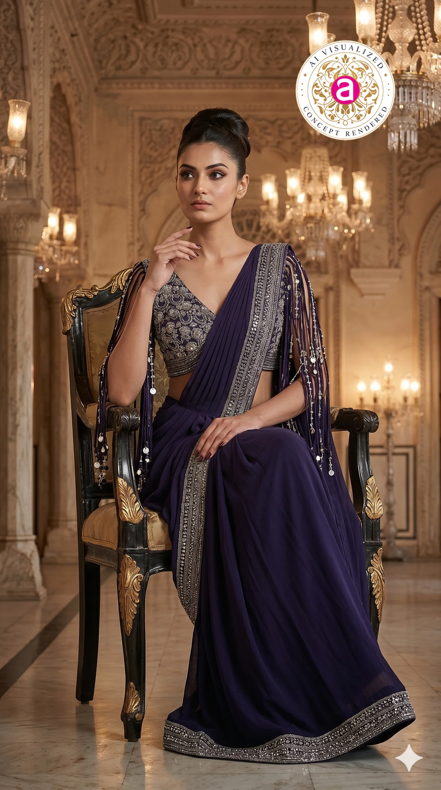Midnight Purple Designer Saree with Embellished Fringe Blouse & Sequins Border - Image 2