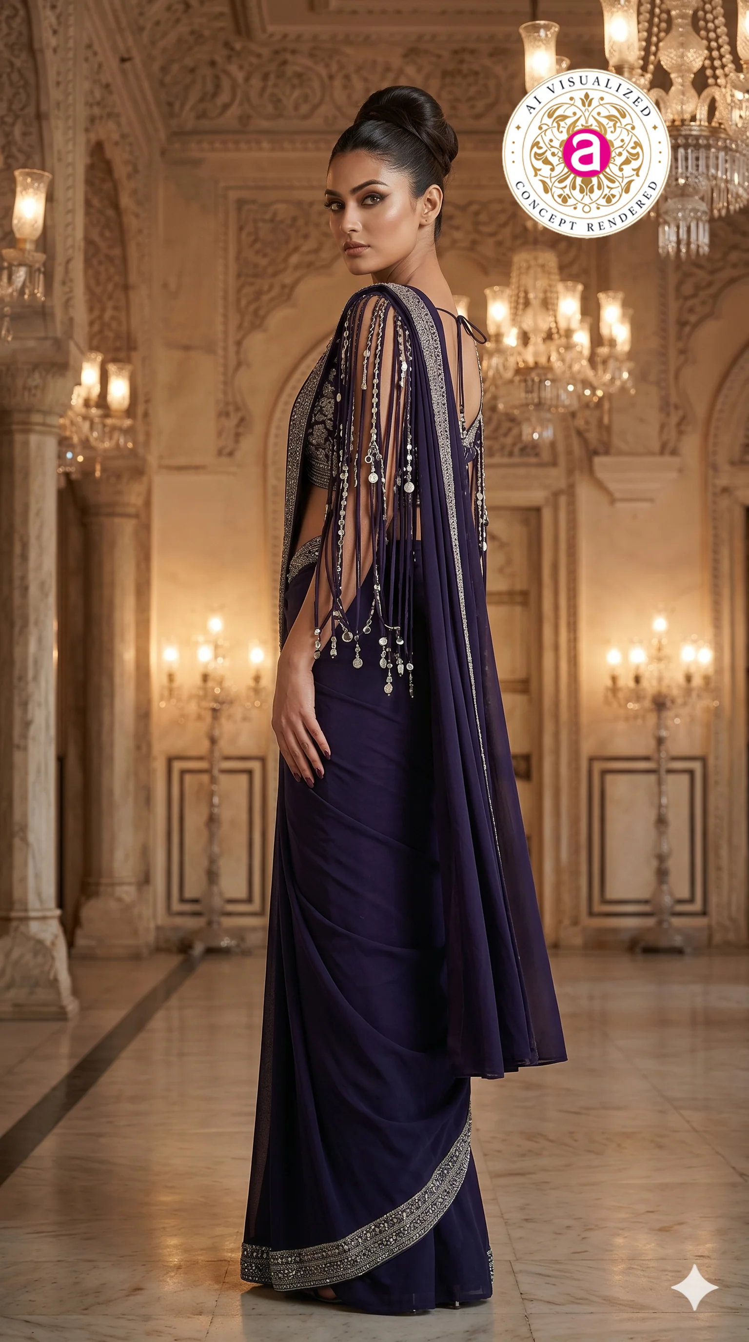 Midnight Purple Designer Saree with Embellished Fringe Blouse & Sequins Border - Image 3