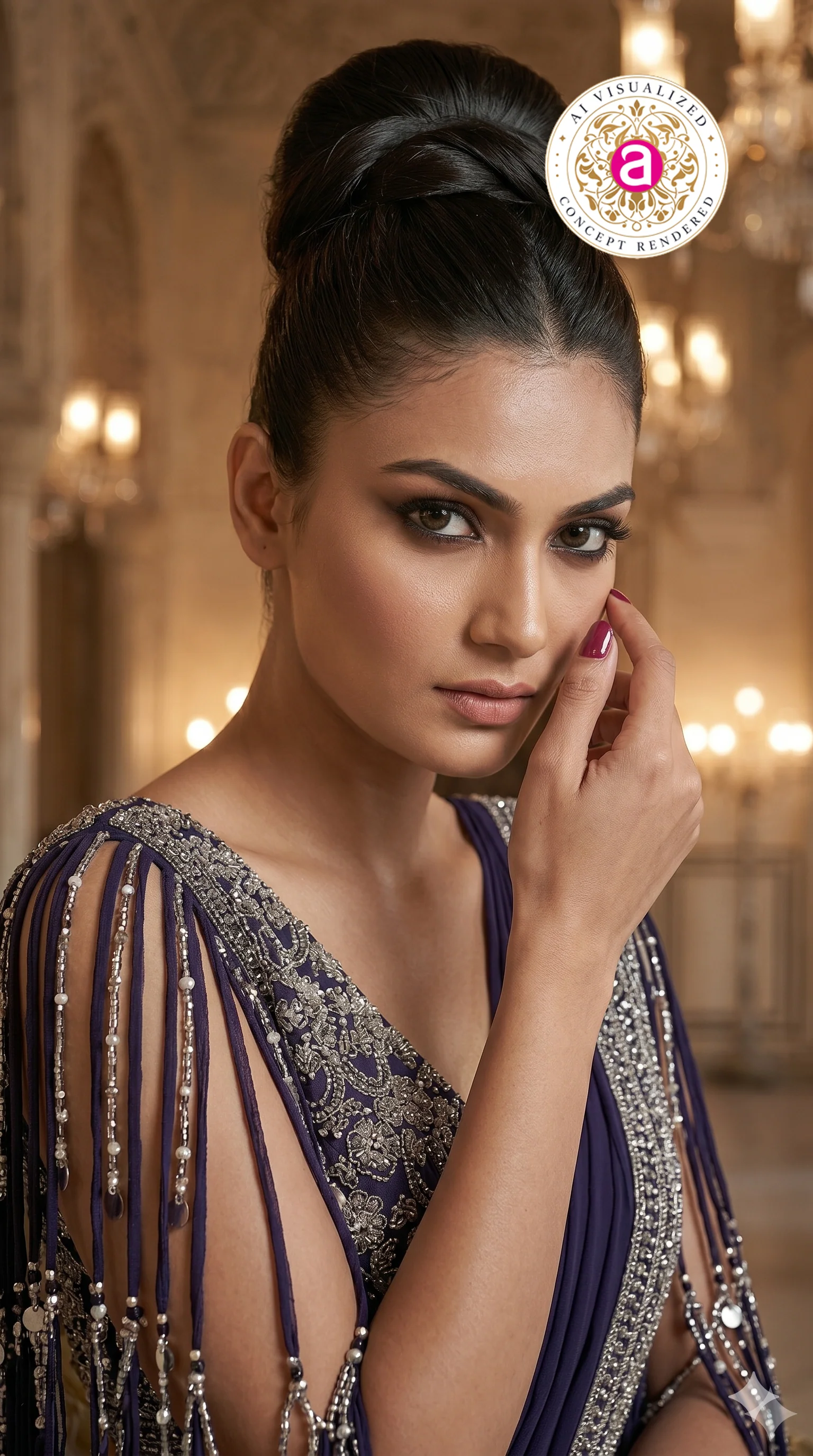 Midnight Purple Designer Saree with Embellished Fringe Blouse & Sequins Border - Image 4