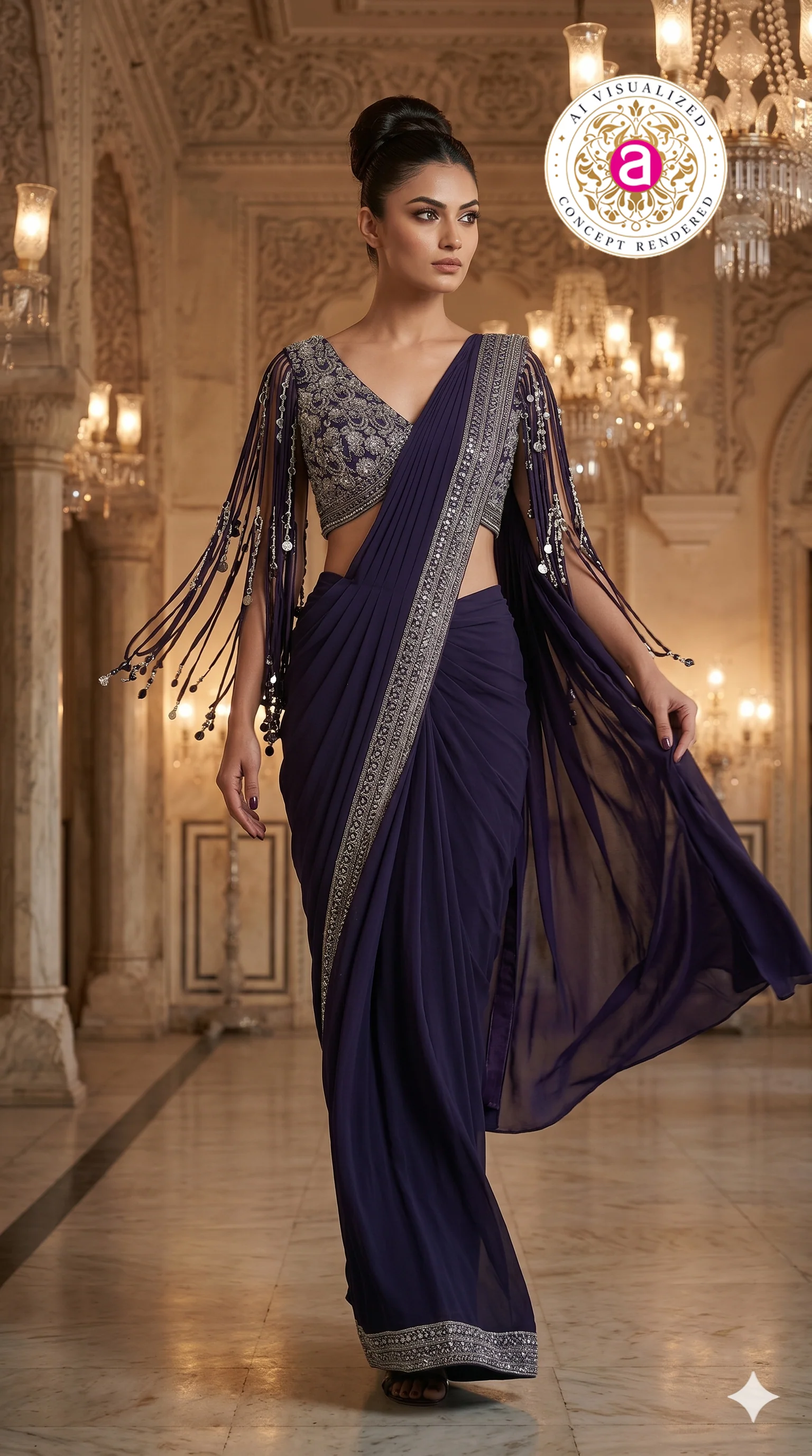Midnight Purple Designer Saree with Embellished Fringe Blouse & Sequins Border - Image 5