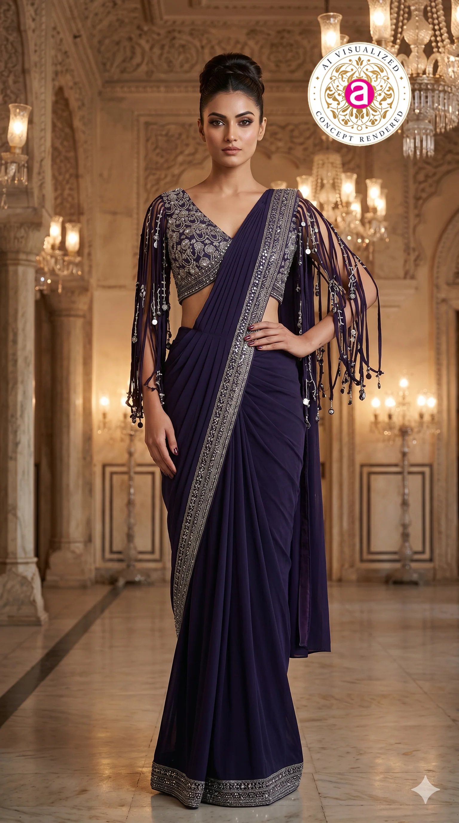 Midnight Purple Designer Saree with Embellished Fringe Blouse & Sequins Border - Image 6