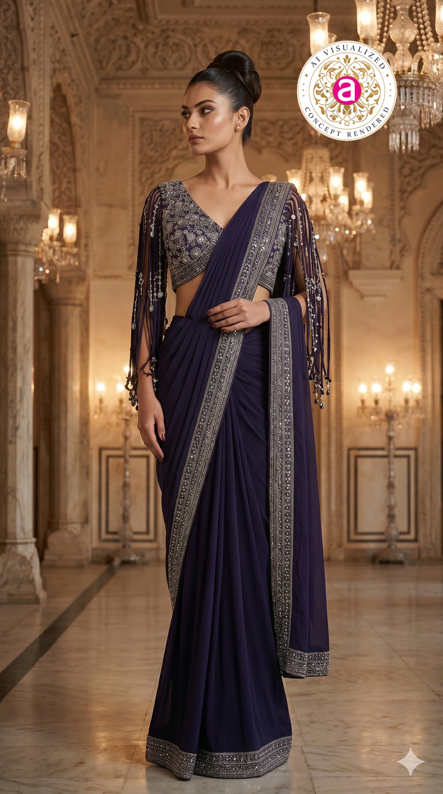 Midnight Purple Designer Saree with Embellished Fringe Blouse & Sequins Border - Image 7