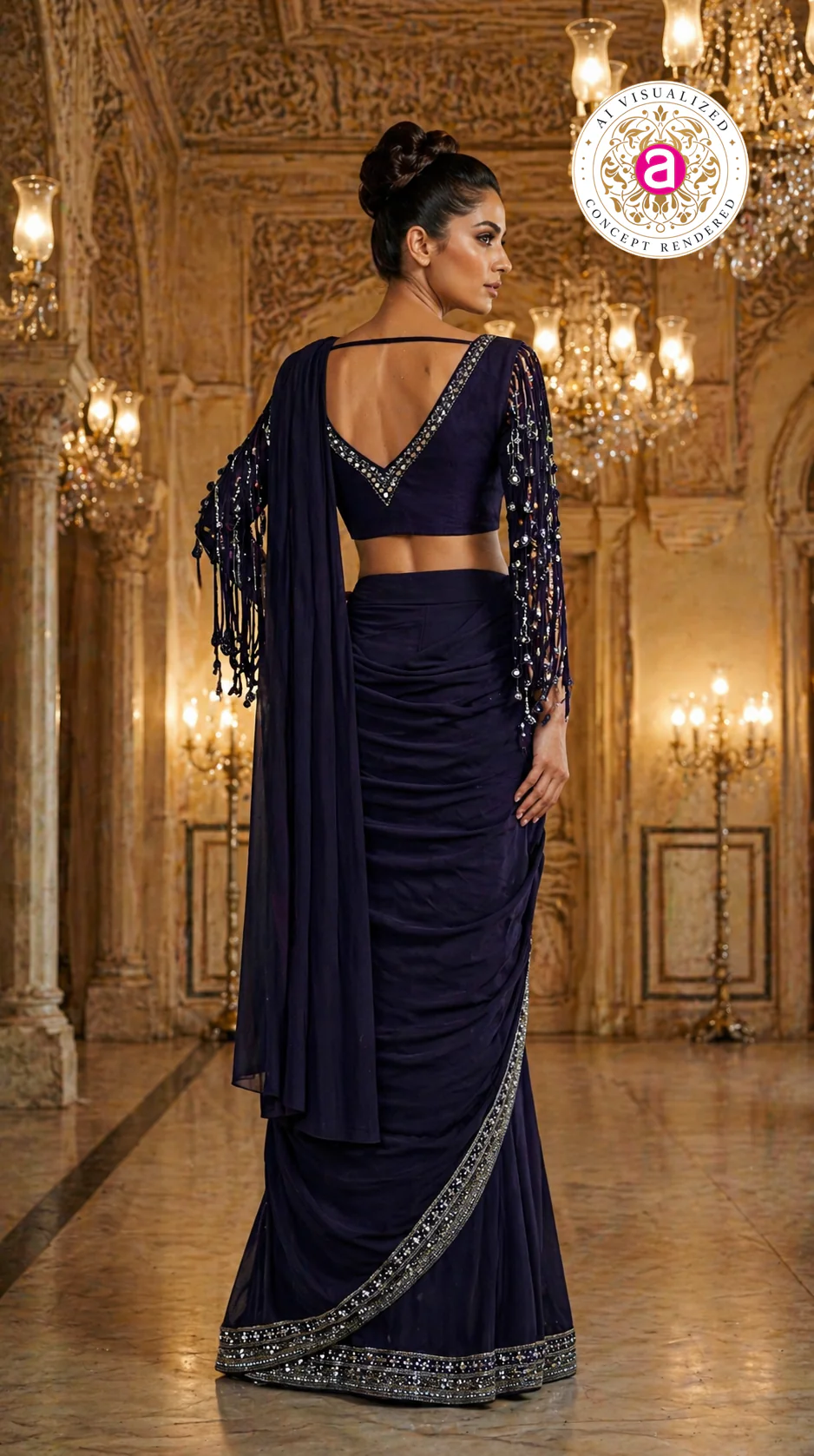 Midnight Purple Designer Saree with Embellished Fringe Blouse & Sequins Border - Image 8