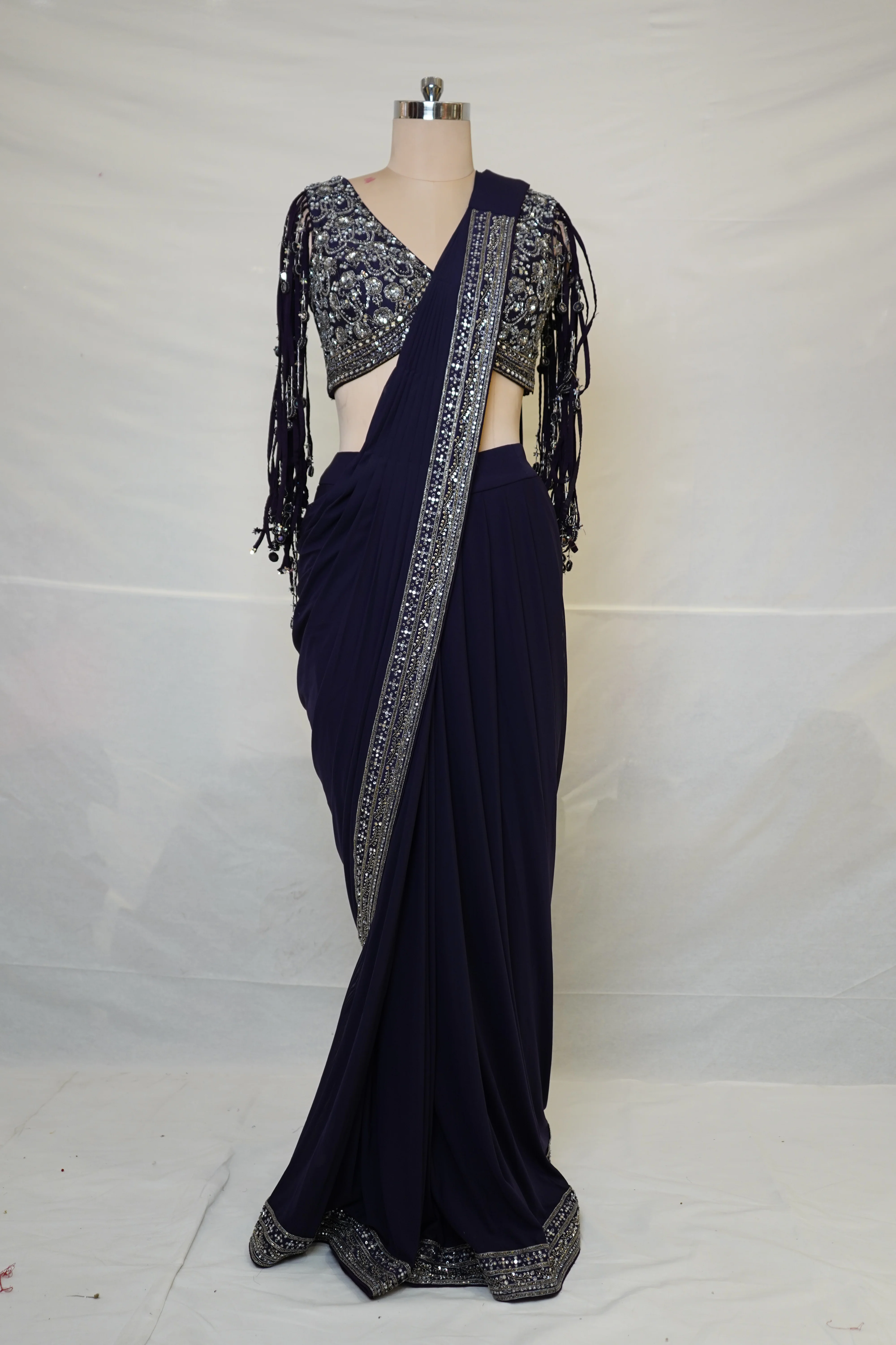 Midnight Purple Designer Saree with Embellished Fringe Blouse & Sequins Border - Image 9