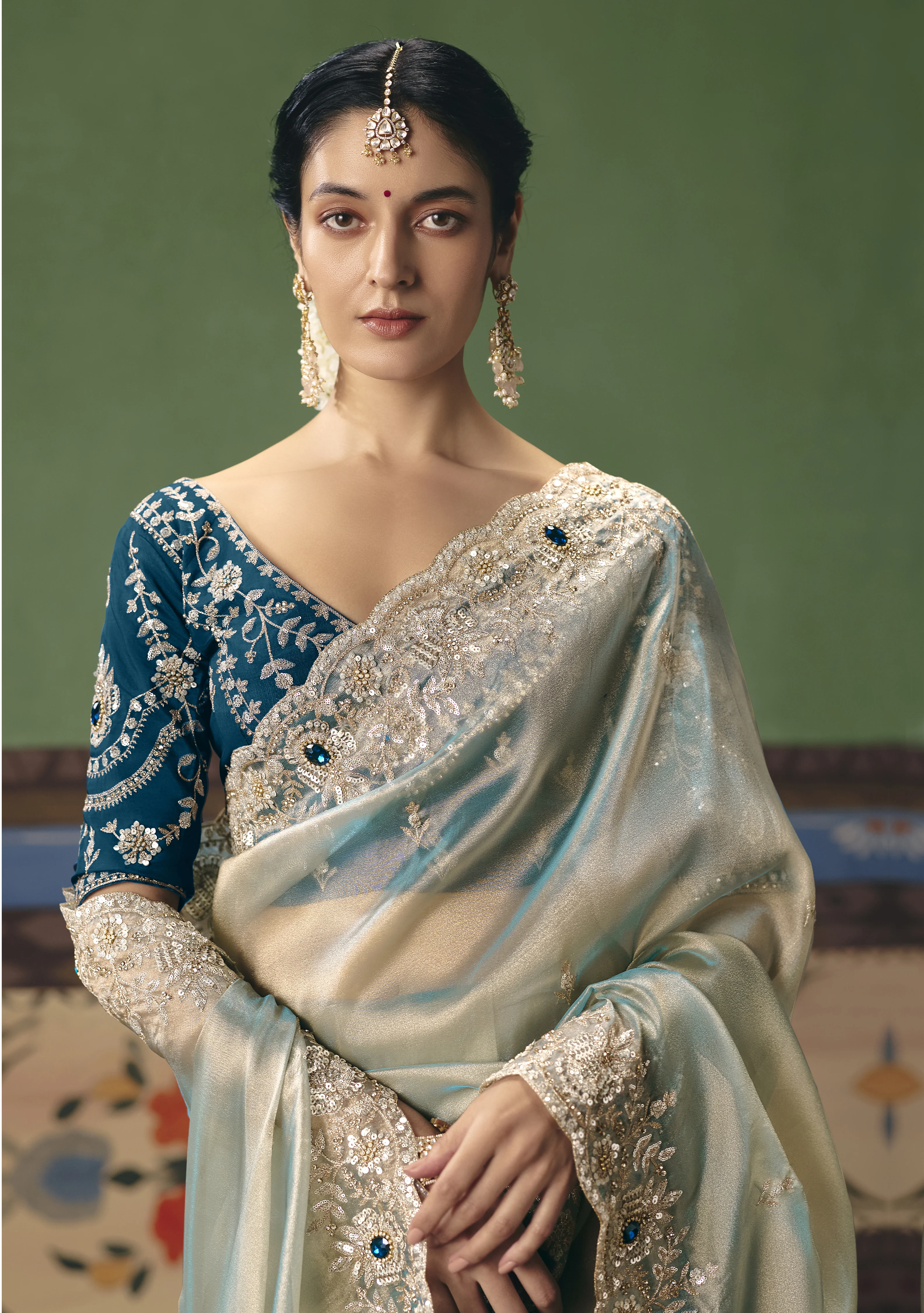 Mint Blue Designer Embroidered Saree with Contrast Blouse - Image 2