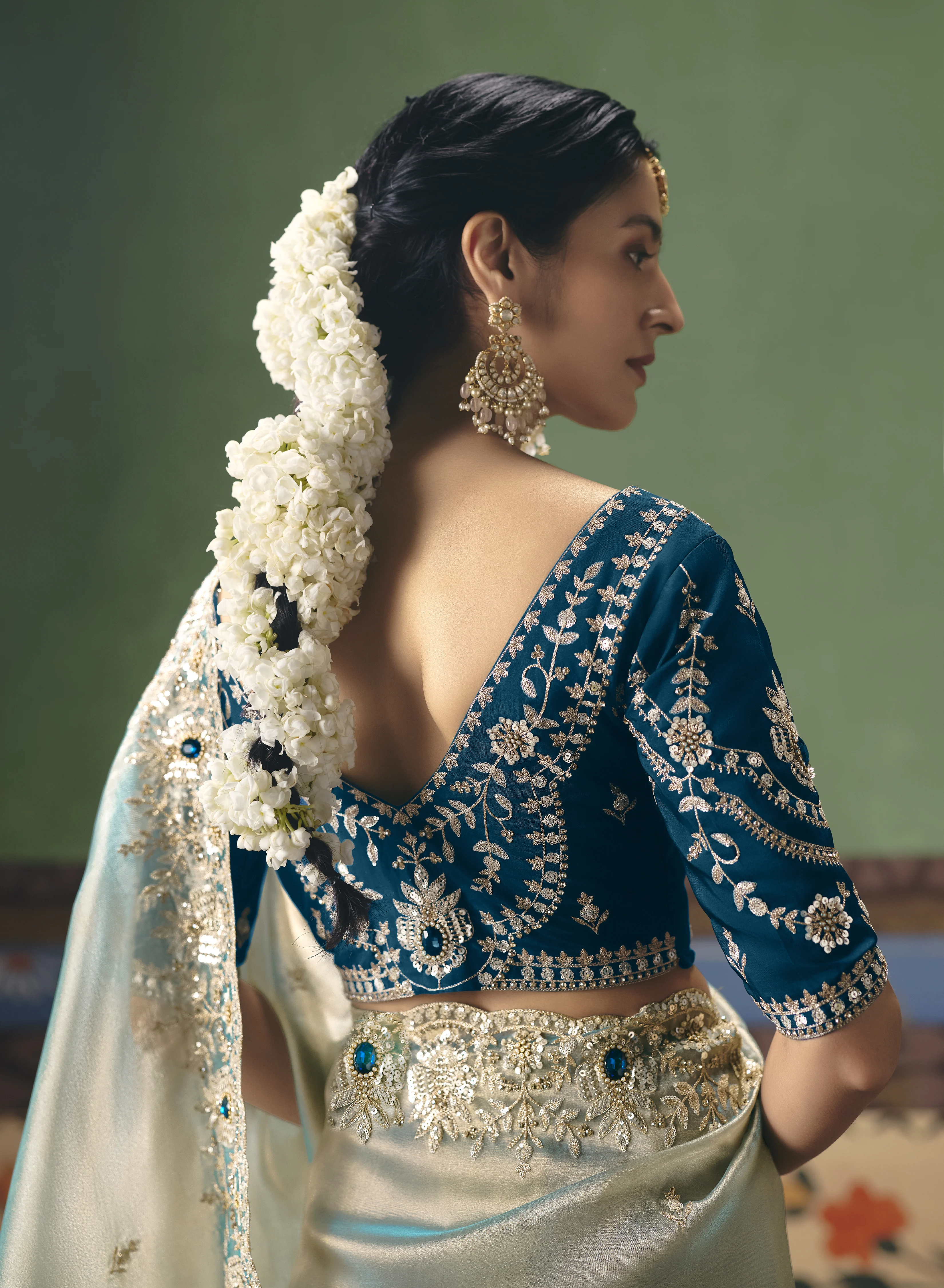 Mint Blue Designer Embroidered Saree with Contrast Blouse - Image 3