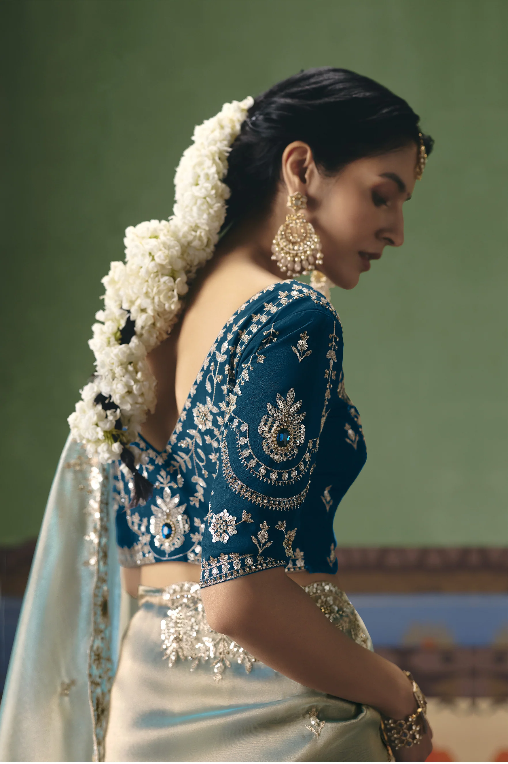 Mint Blue Designer Embroidered Saree with Contrast Blouse - Image 4