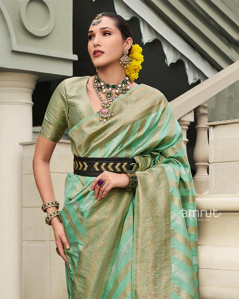 Mint Green Banarasi Silk Saree with Zari Stripes and Unstitched Blouse - Image 2