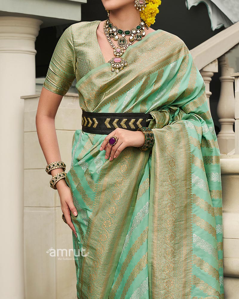 Mint Green Banarasi Silk Saree with Zari Stripes and Unstitched Blouse - Image 3