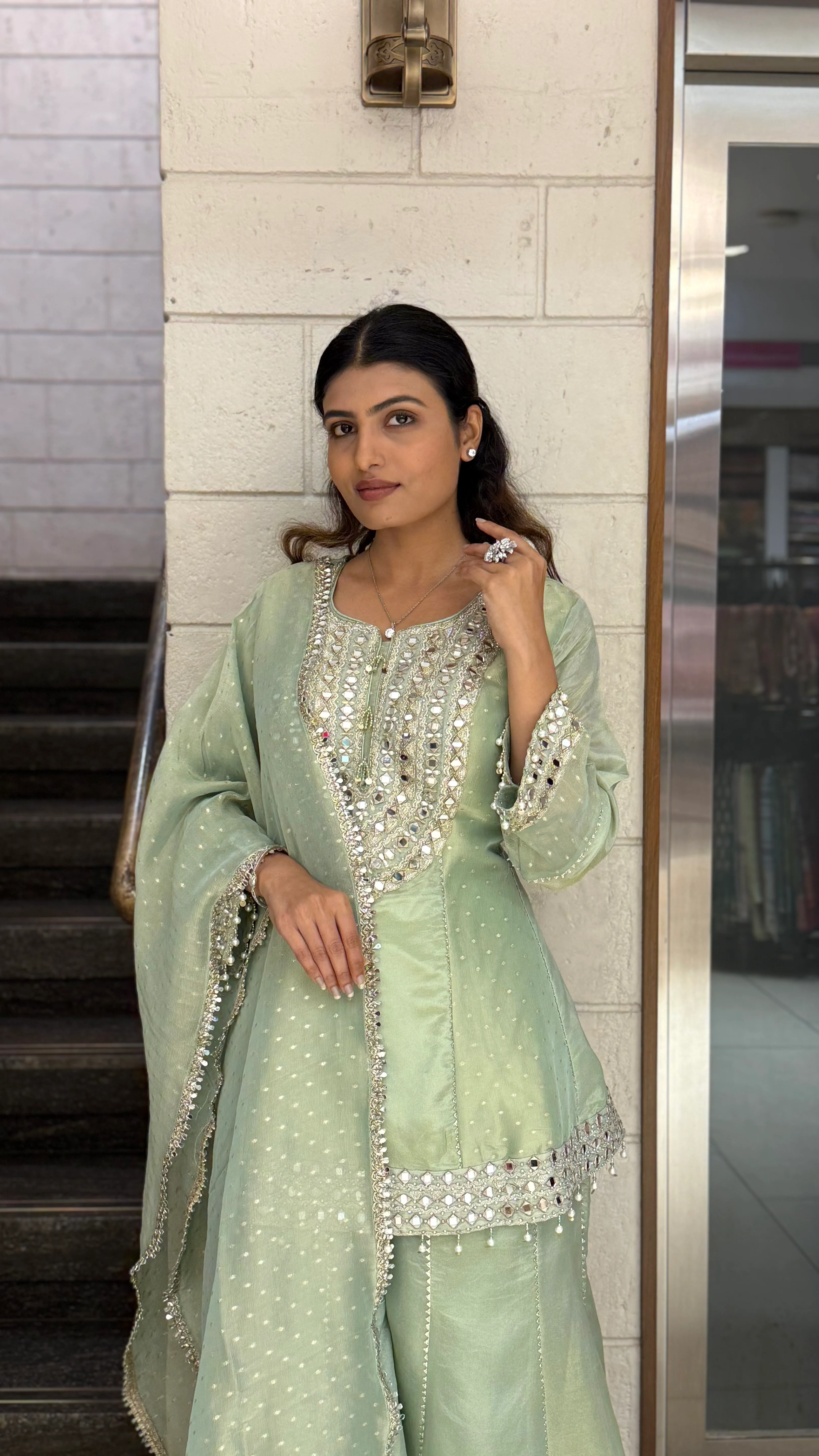 Mint Green Designer Kurta Sharara Set with Embroidered Dupatta - Image 3
