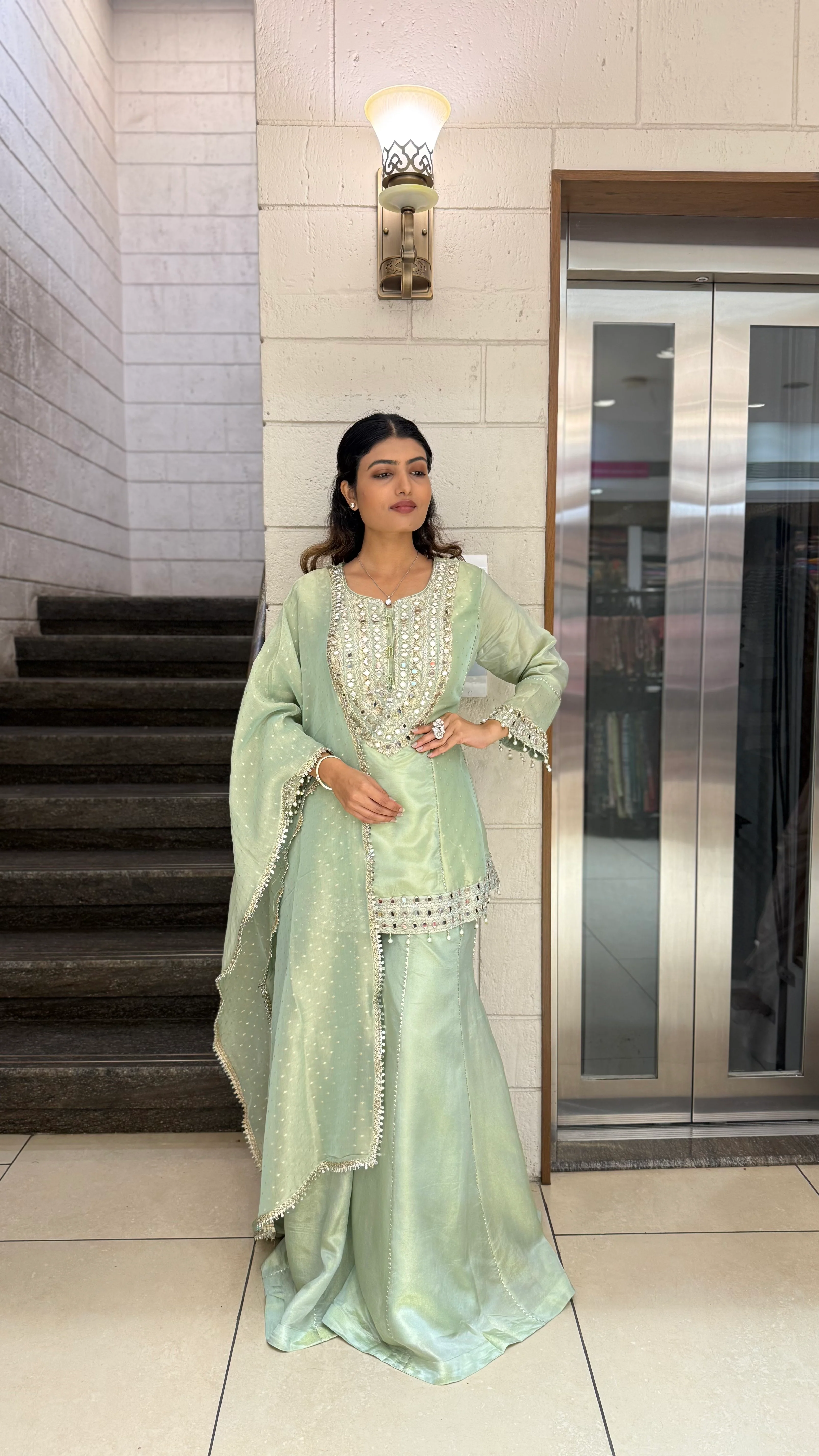 Mint Green Designer Kurta Sharara Set with Embroidered Dupatta - Image 4