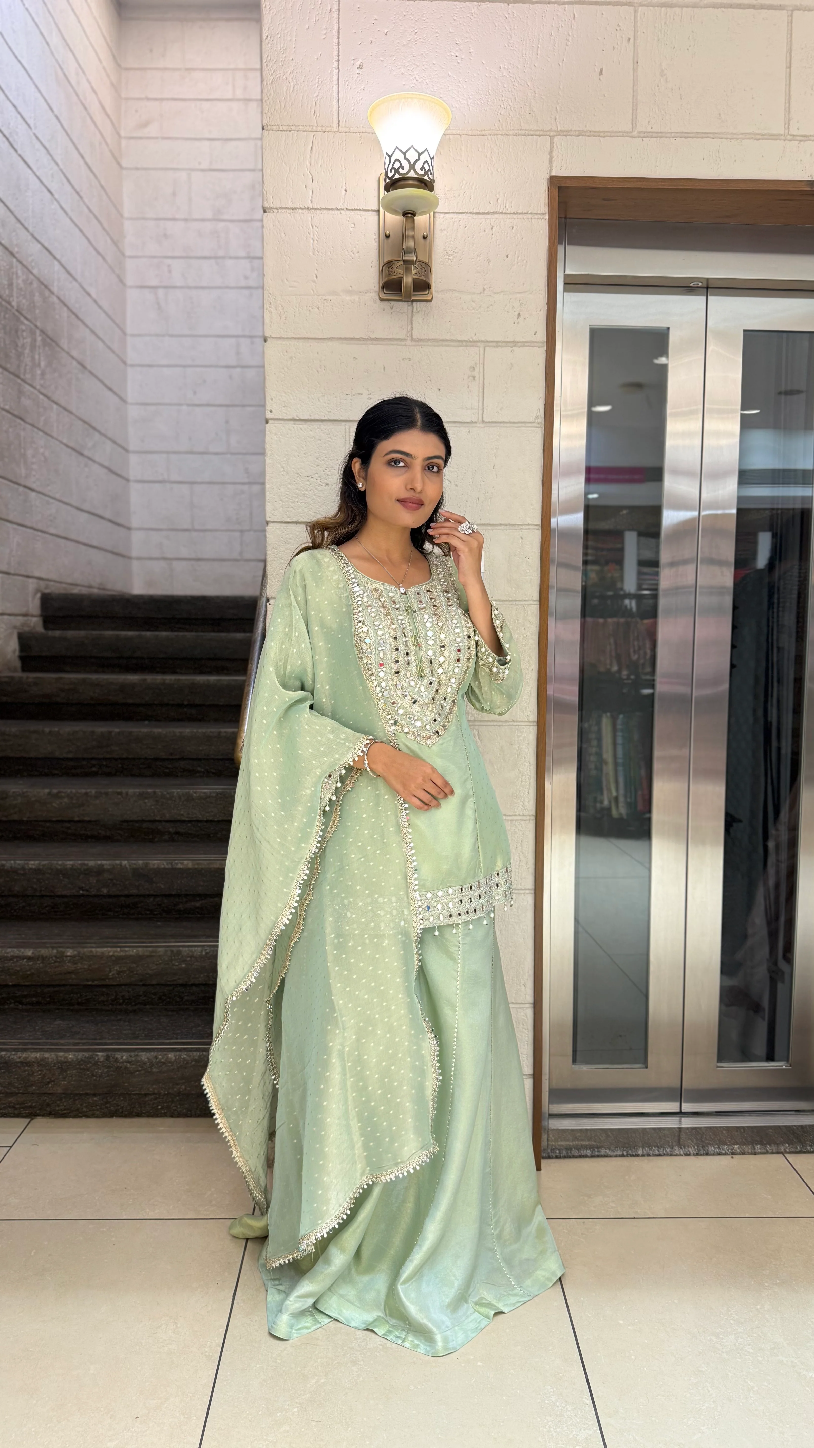 Mint Green Designer Kurta Sharara Set with Embroidered Dupatta - Image 5