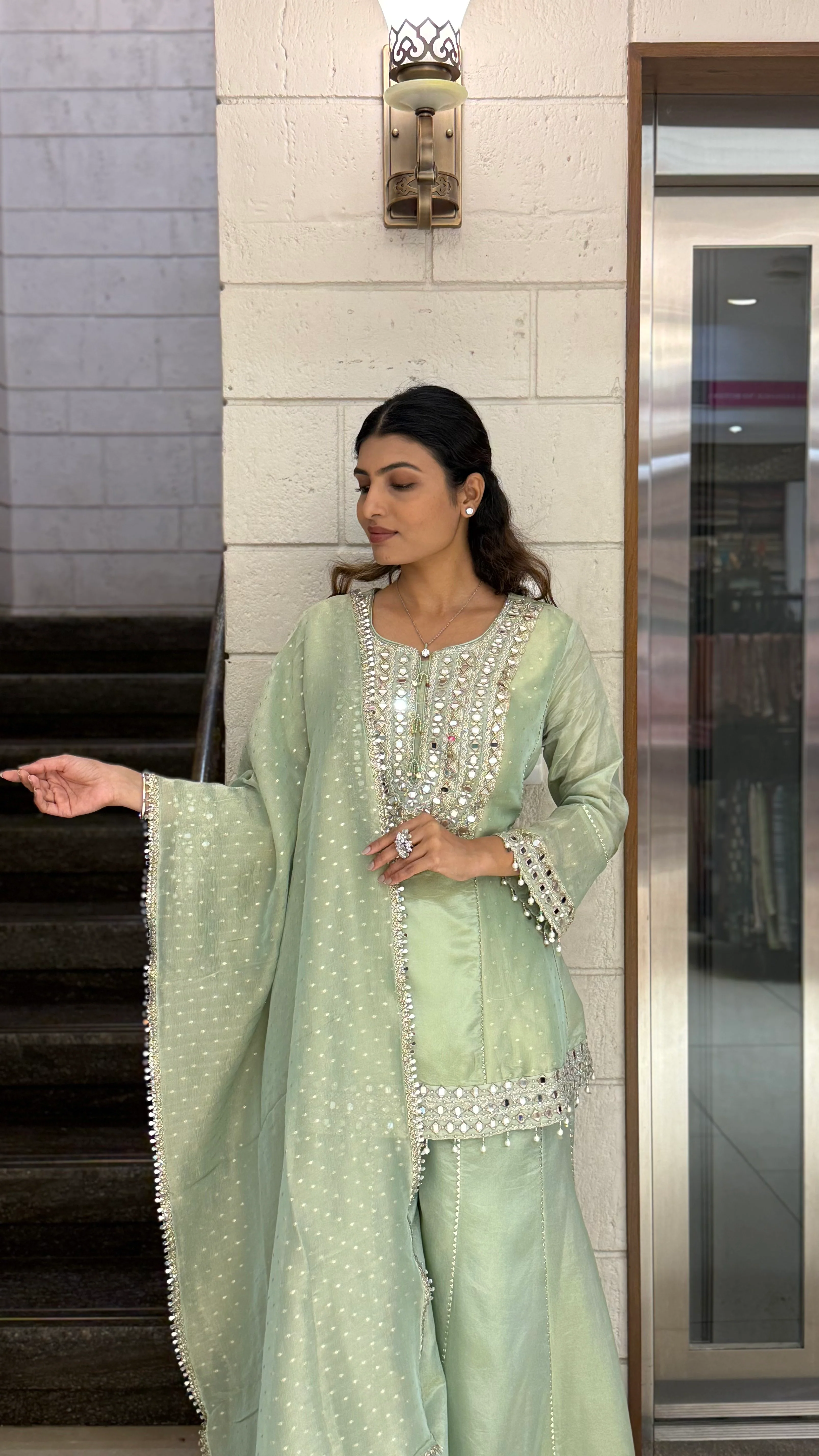 Mint Green Designer Kurta Sharara Set with Embroidered Dupatta - Image 6