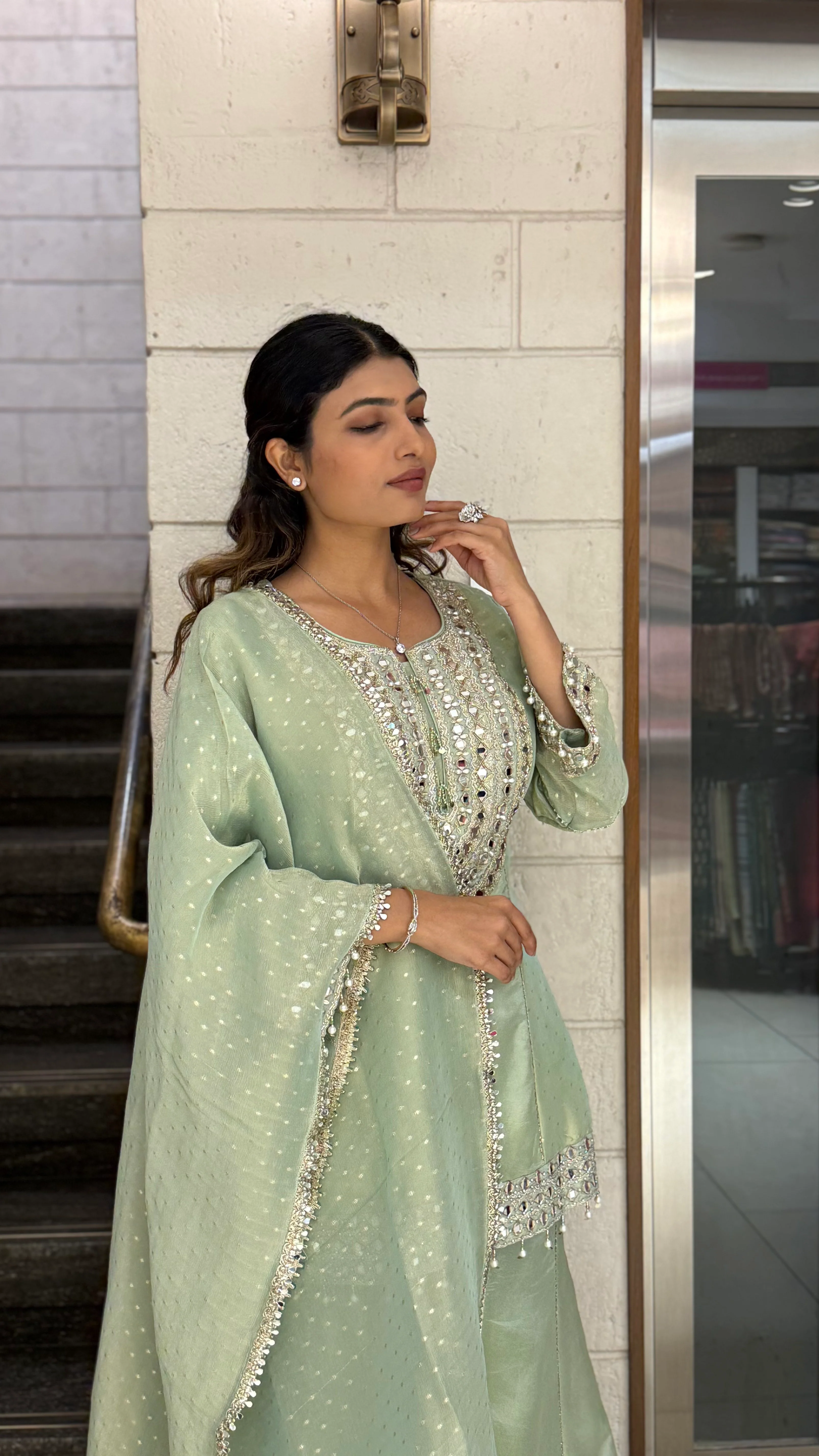 Mint Green Designer Kurta Sharara Set with Embroidered Dupatta - Image 7