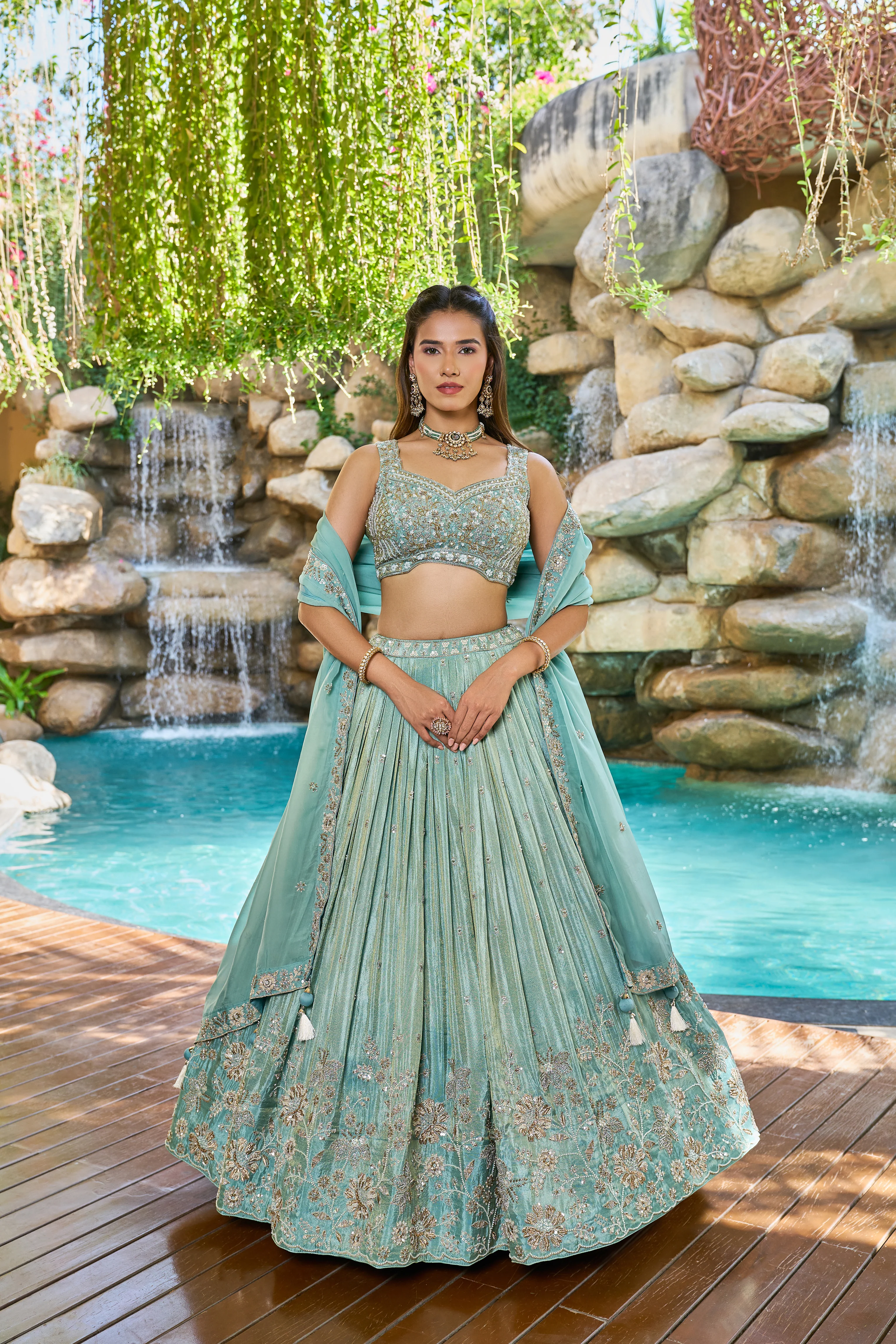 Mint Green Designer Lehenga Set with Embroidered Blouse & Flared Skirt - Image 2