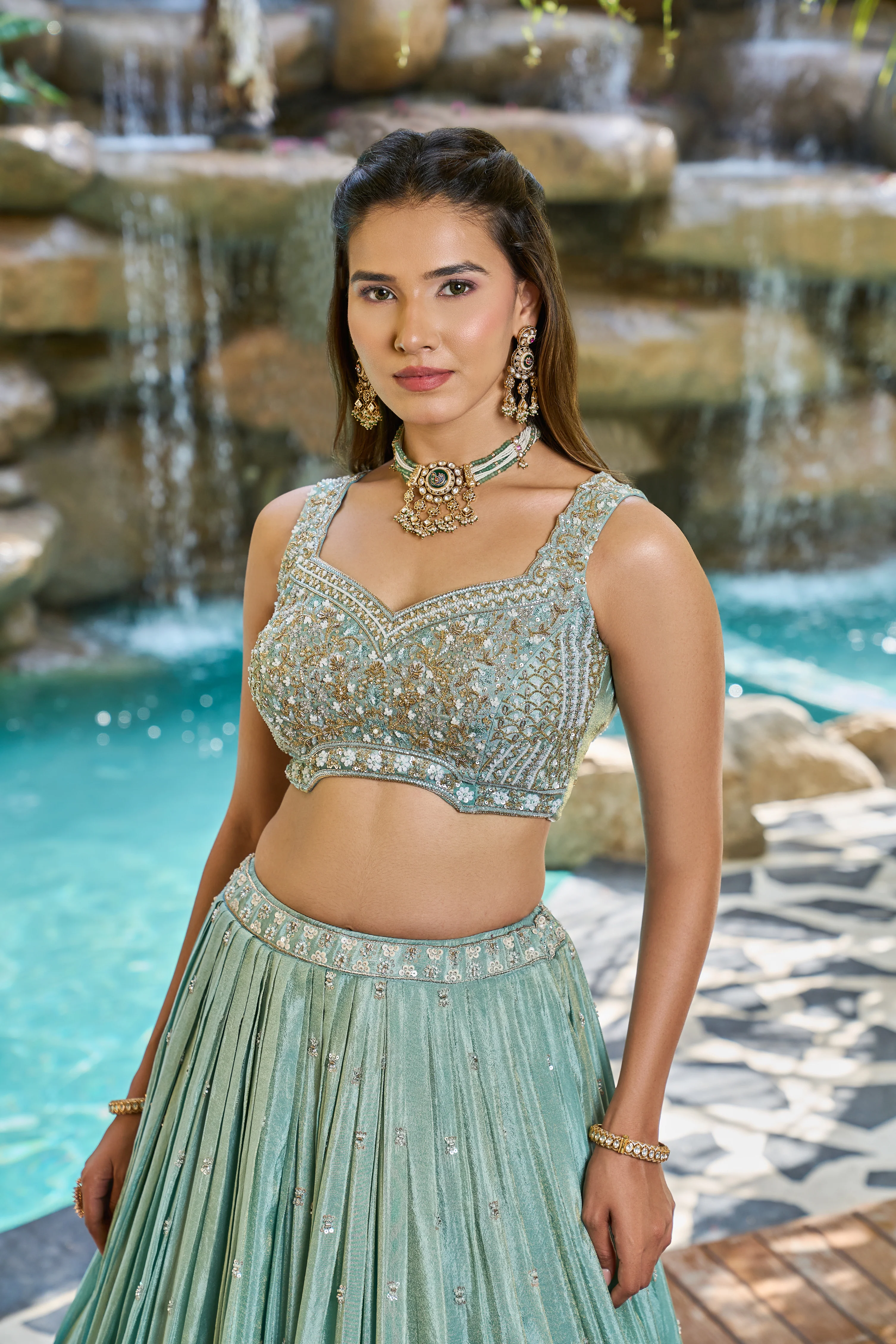 Mint Green Designer Lehenga Set with Embroidered Blouse & Flared Skirt - Image 3