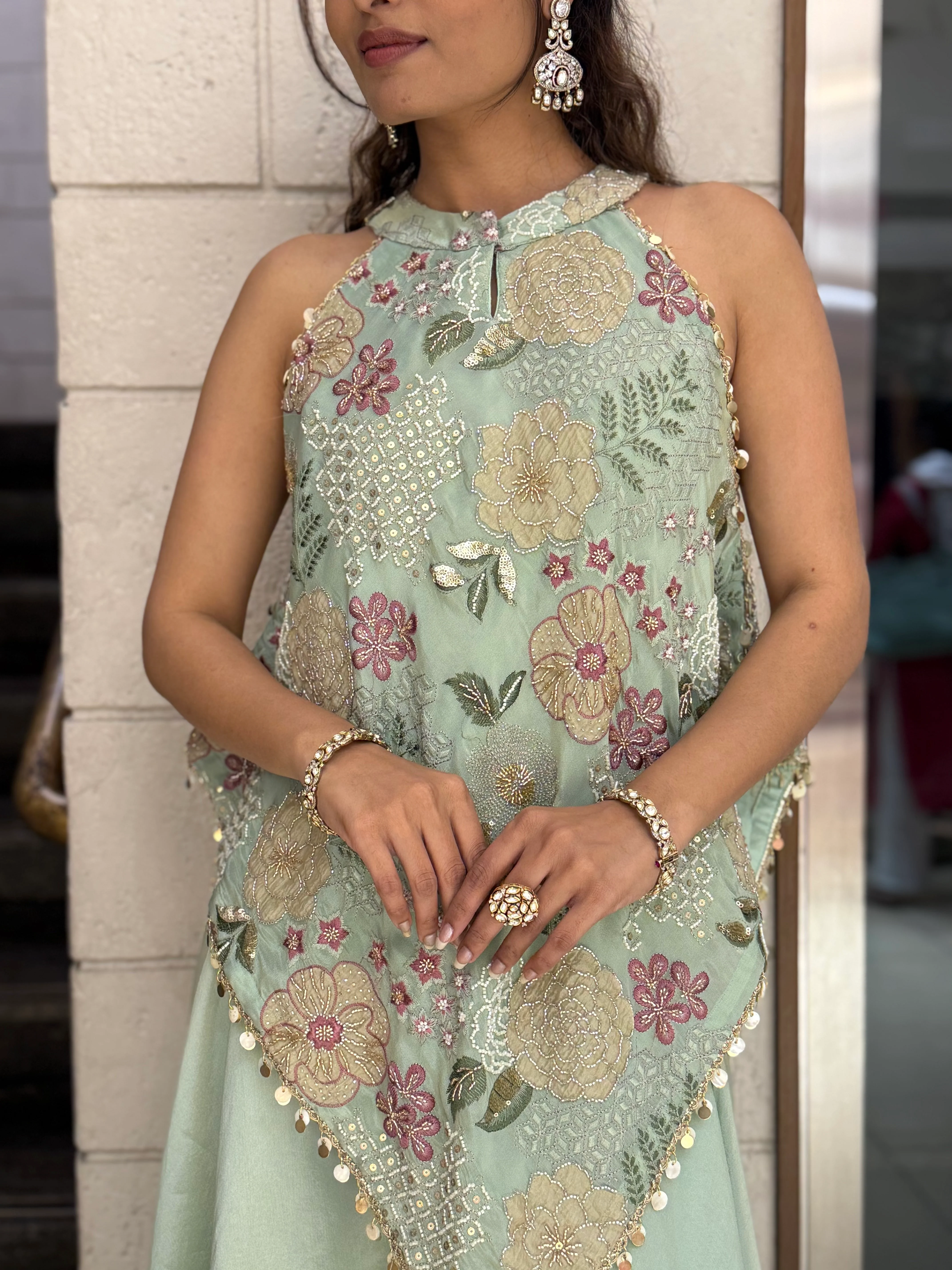 Mint Green Floral Embroidered Indo-Western Palazzo Set with Halter Neck Top - Image 2