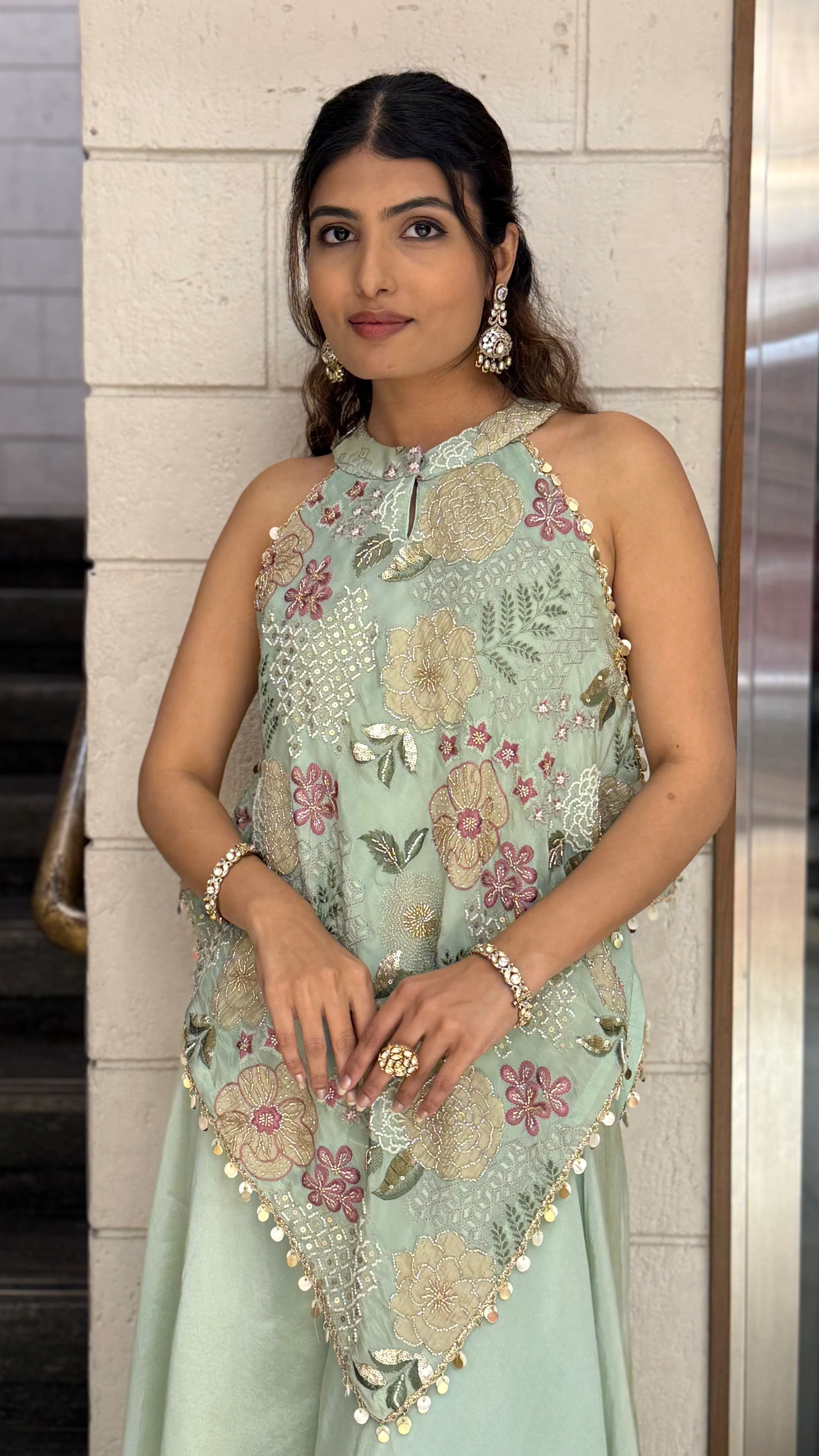 Mint Green Floral Embroidered Indo-Western Palazzo Set with Halter Neck Top - Image 5