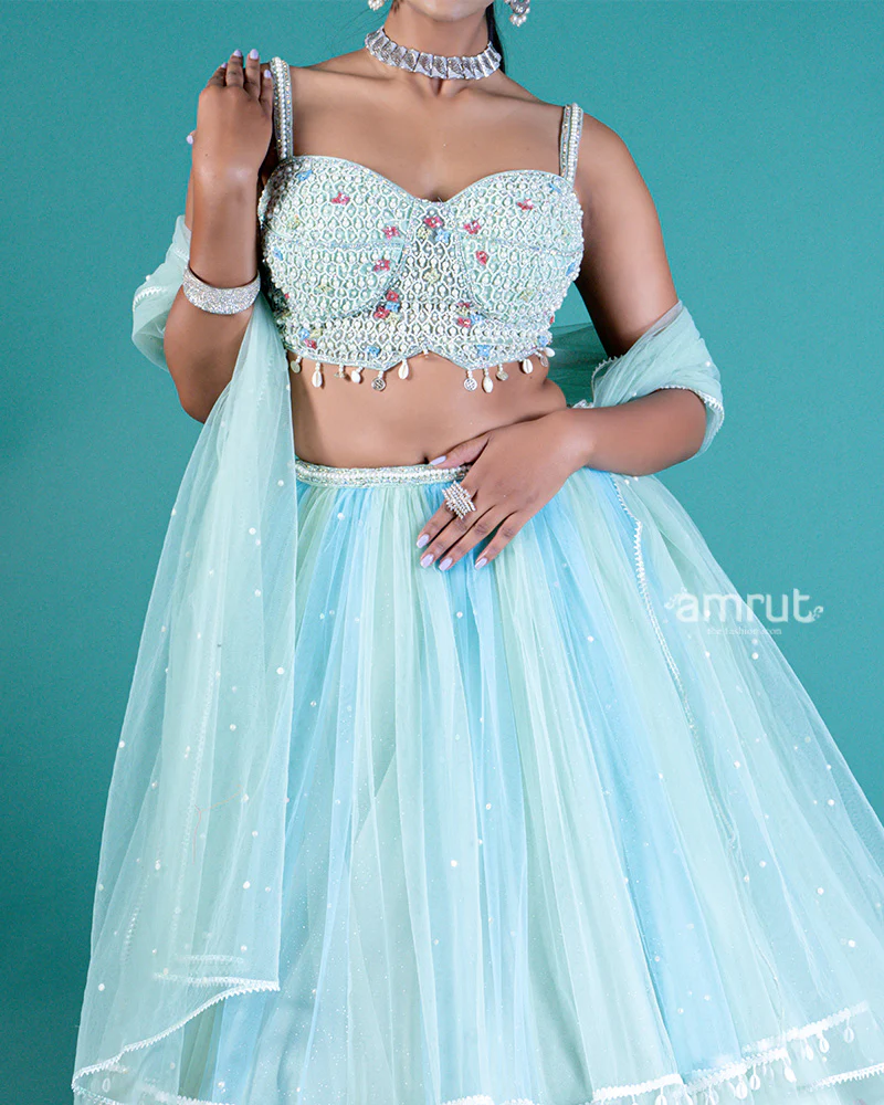 Mint-Green Floral Embroidery Embellished Lehenga Choli with Translucent Net Dupatta - Image 3
