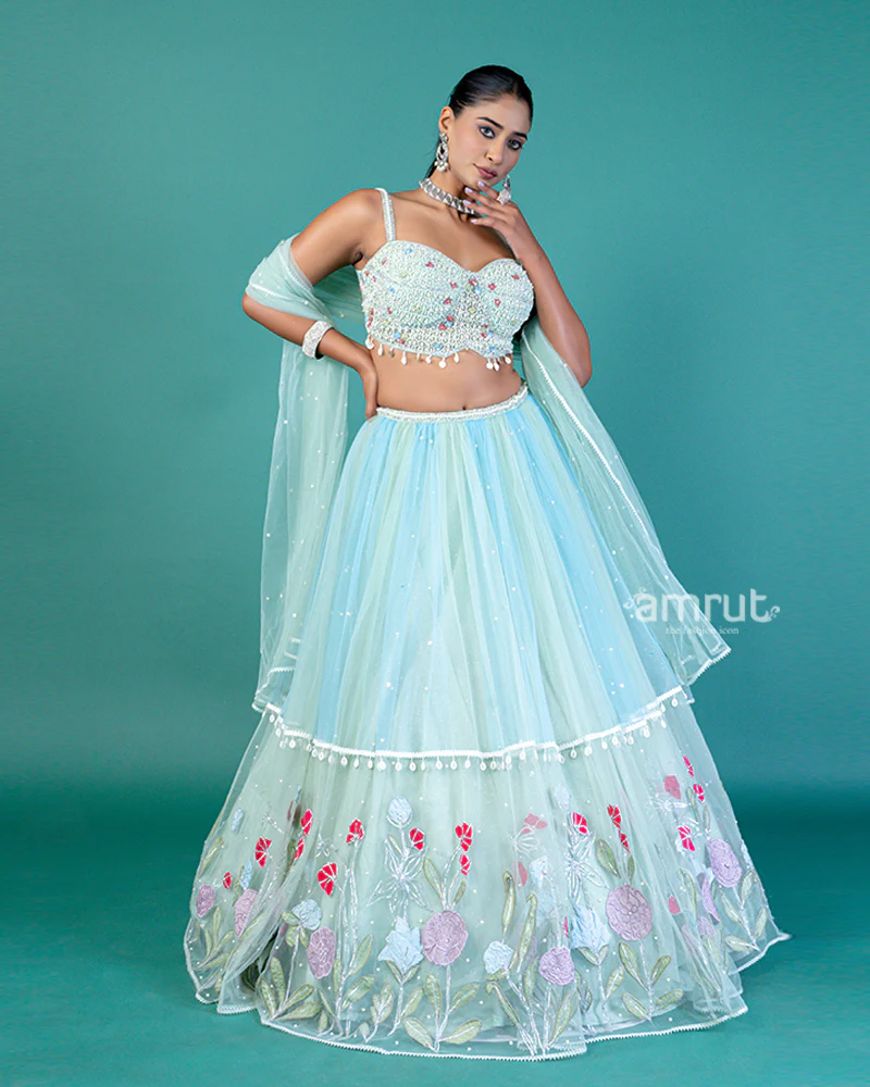 Mint-Green Floral Embroidery Embellished Lehenga Choli with Translucent Net Dupatta - Image 4