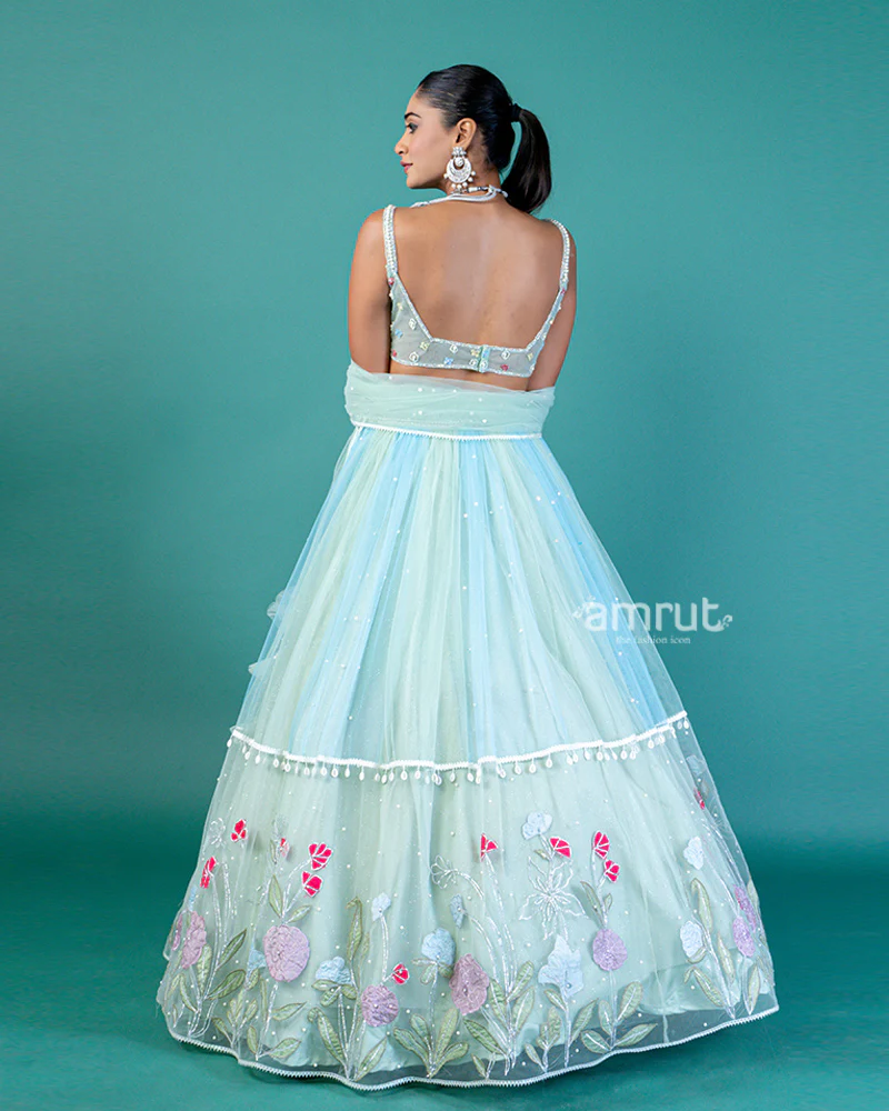 Mint-Green Floral Embroidery Embellished Lehenga Choli with Translucent Net Dupatta - Image 5
