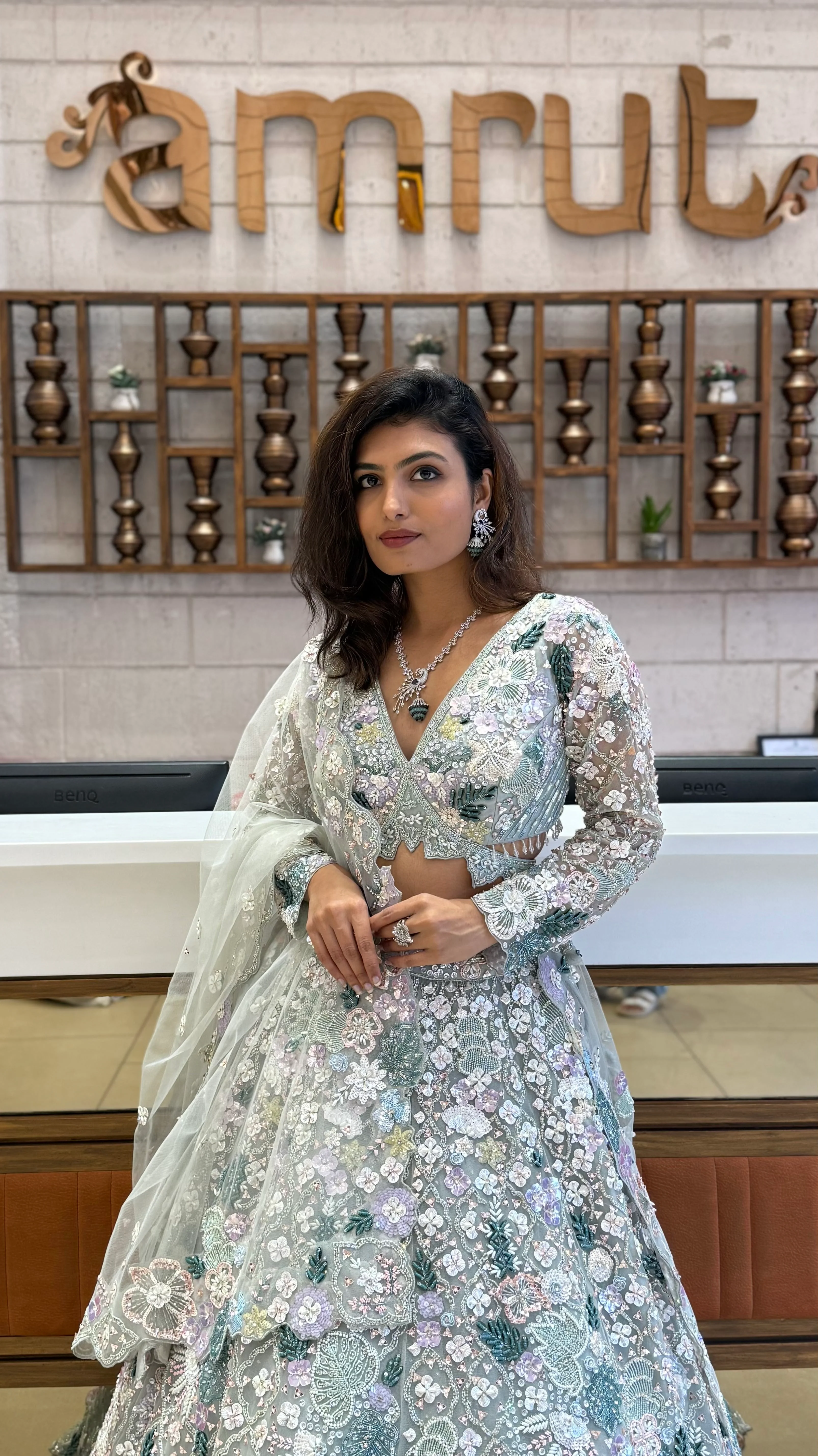 Mint Green Heavy Embroidered Net Lehenga Set – Crystal Garden Edition - Image 2