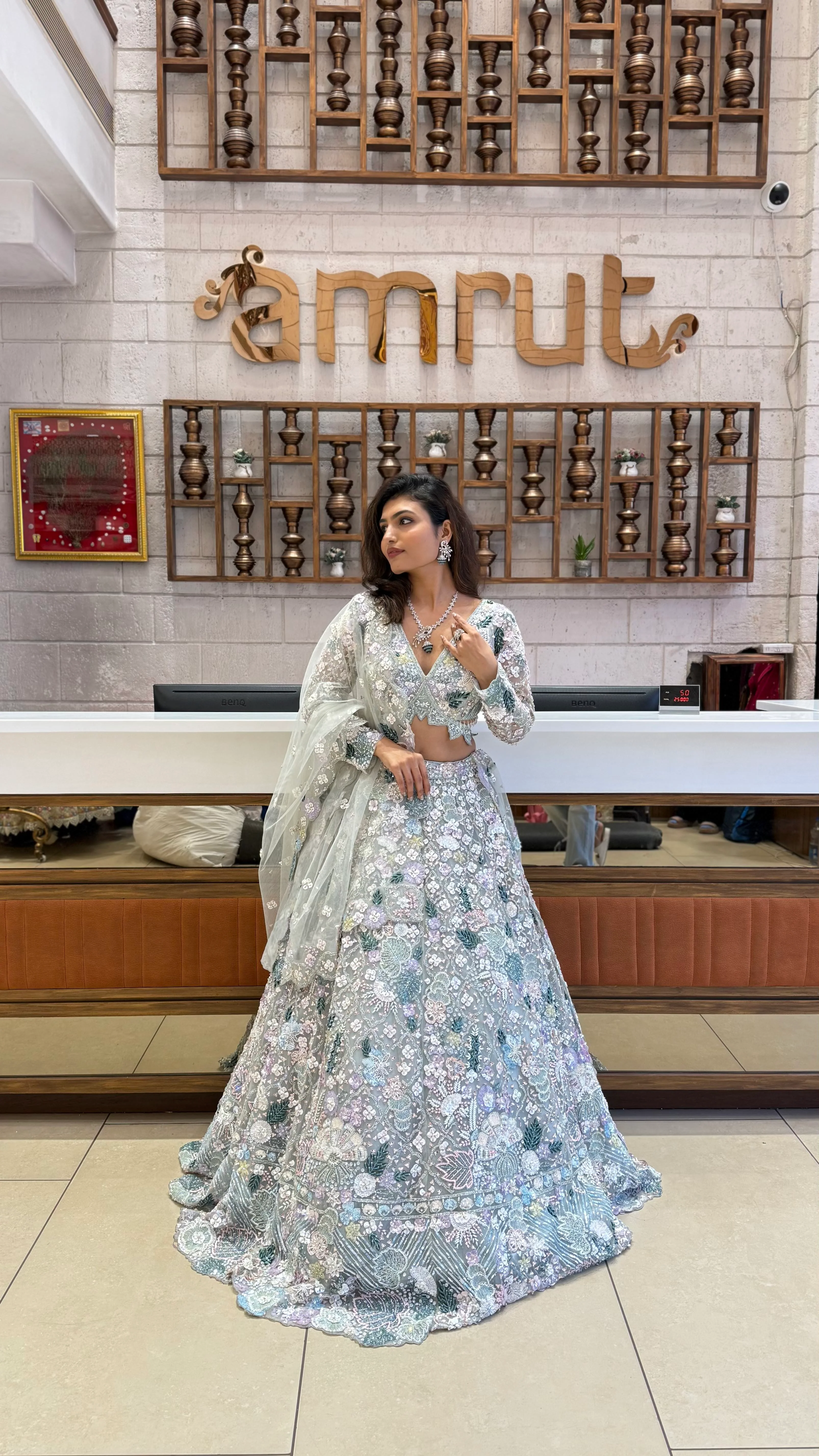 Mint Green Heavy Embroidered Net Lehenga Set – Crystal Garden Edition - Image 3