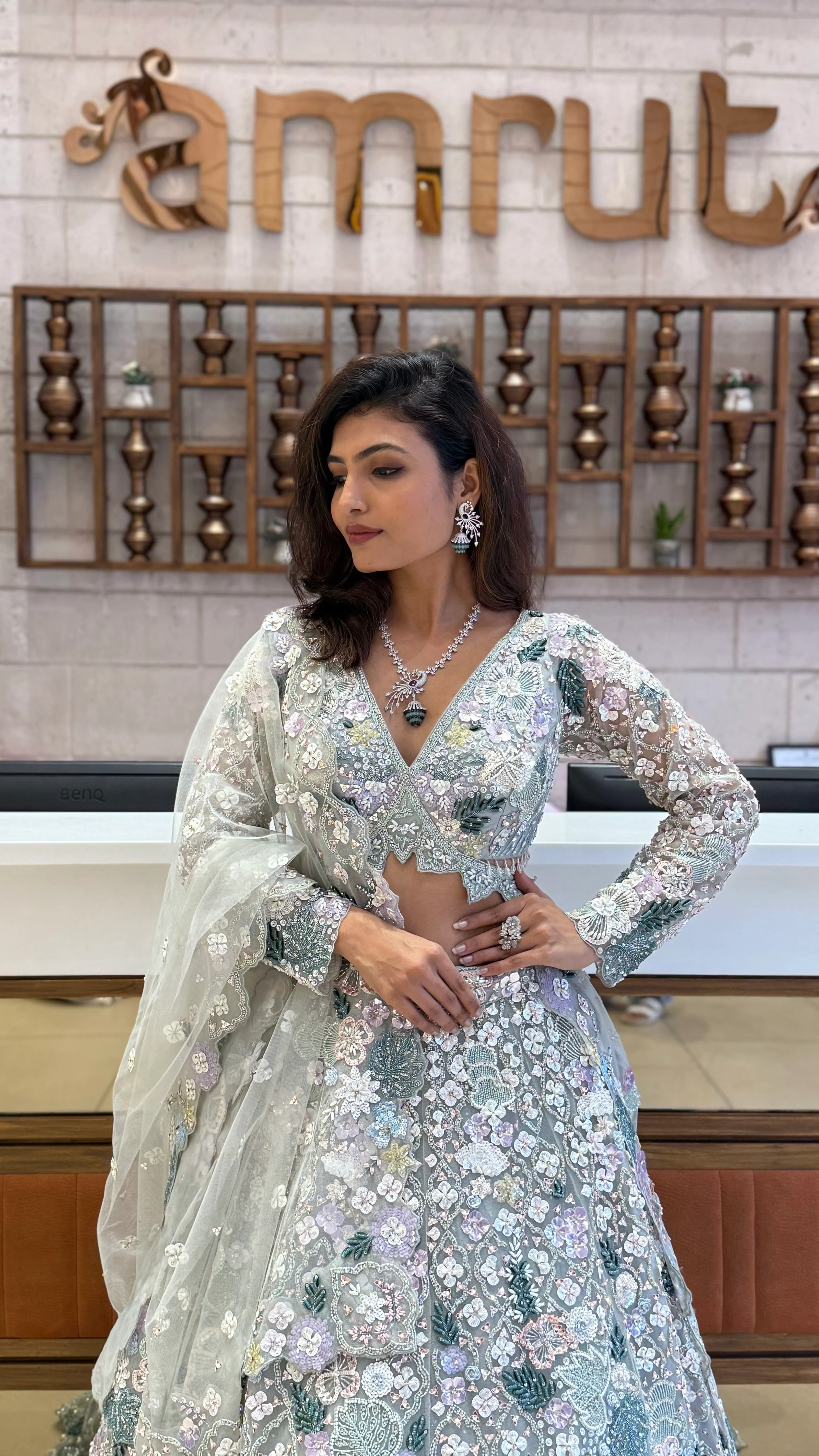 Mint Green Heavy Embroidered Net Lehenga Set – Crystal Garden Edition - Image 4