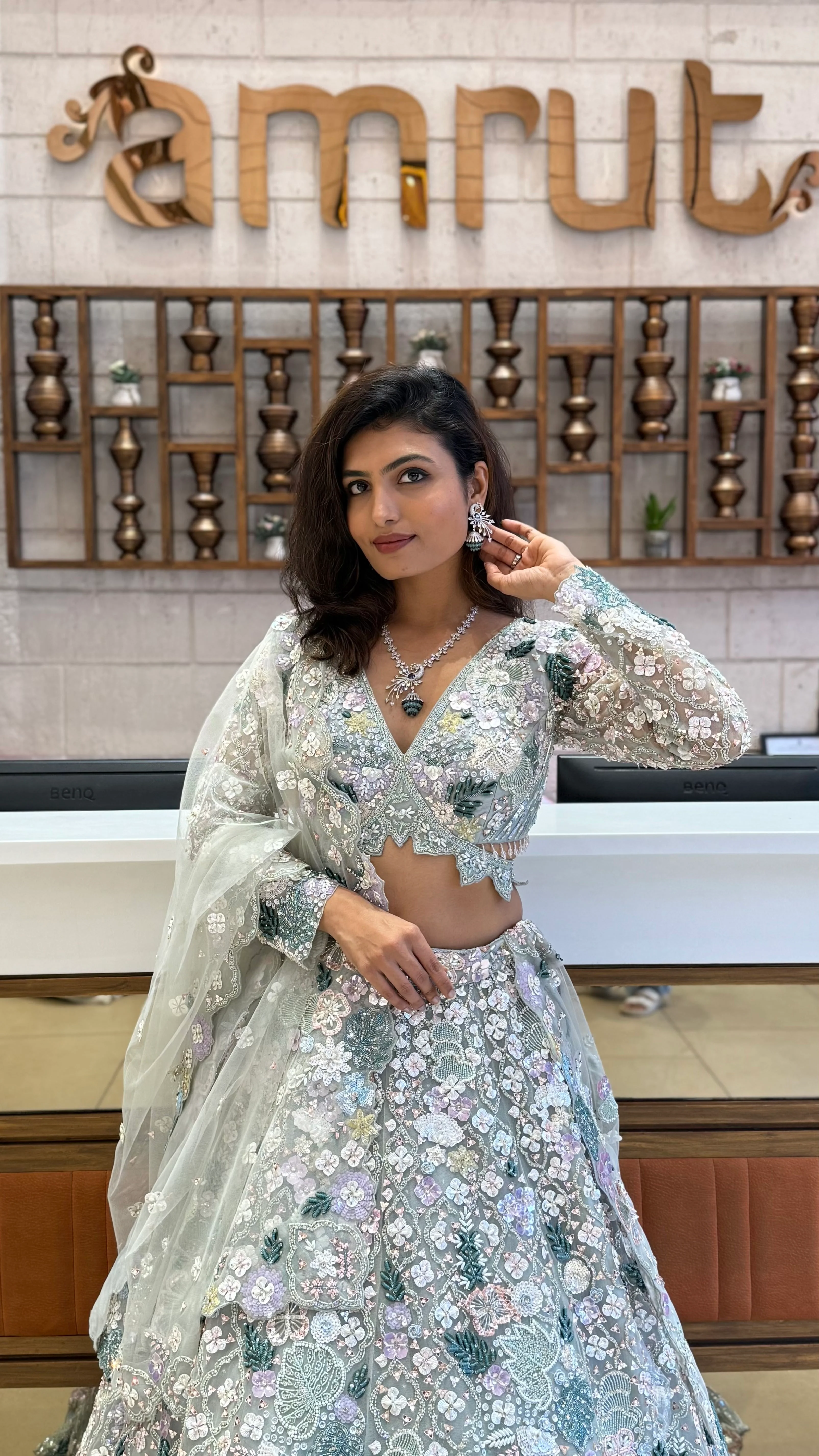 Mint Green Heavy Embroidered Net Lehenga Set – Crystal Garden Edition - Image 5