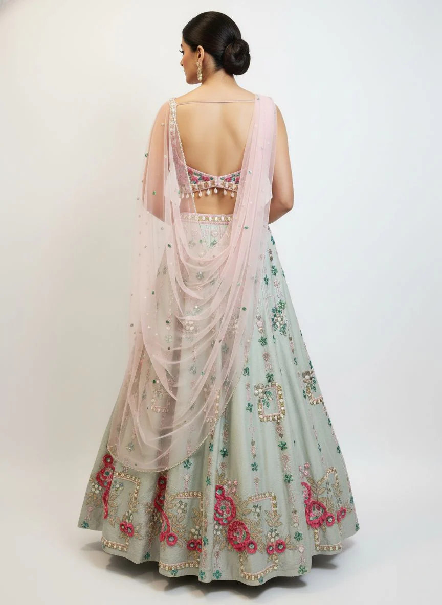 Mint Green Multicolor Floral Embroidered Lehenga Set with Tassel Details - Image 3