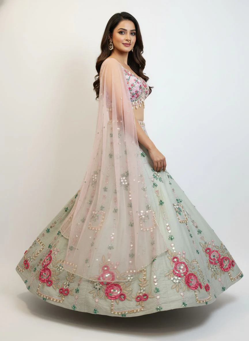 Mint Green Multicolor Floral Embroidered Lehenga Set with Tassel Details - Image 4
