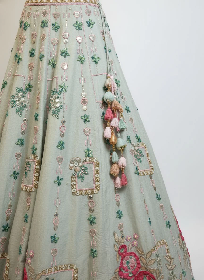 Mint Green Multicolor Floral Embroidered Lehenga Set with Tassel Details - Image 5
