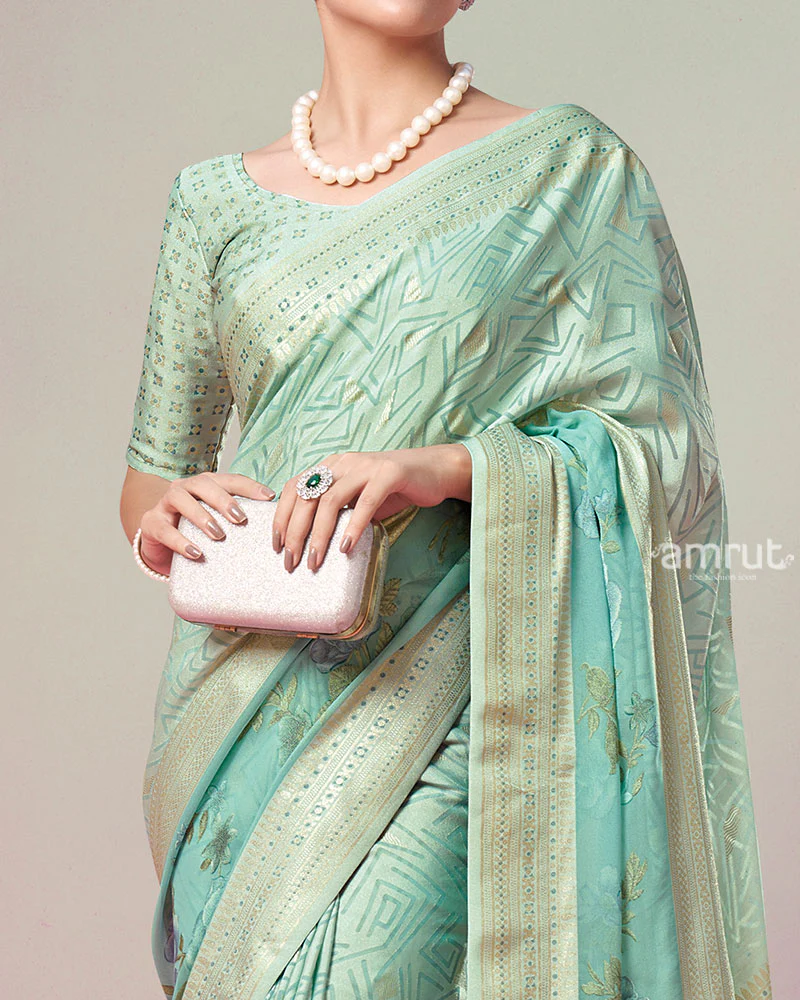 Mint Green Printed Saree with Unstitched Blouse - Image 3