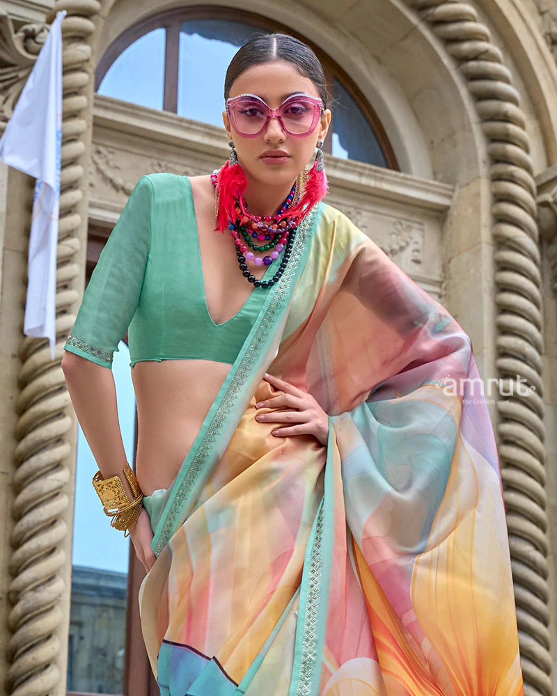 Mint Green Saree with Orange Yellow Digital Print and Unstitched Blouse - Image 2