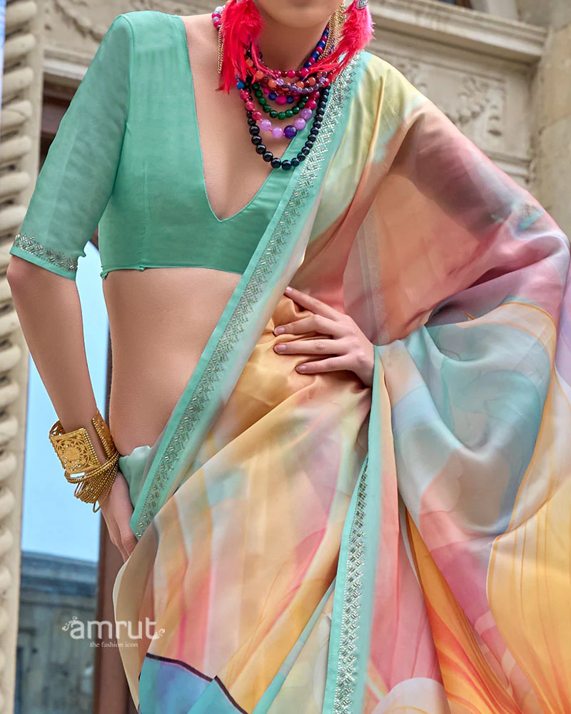 Mint Green Saree with Orange Yellow Digital Print and Unstitched Blouse - Image 3