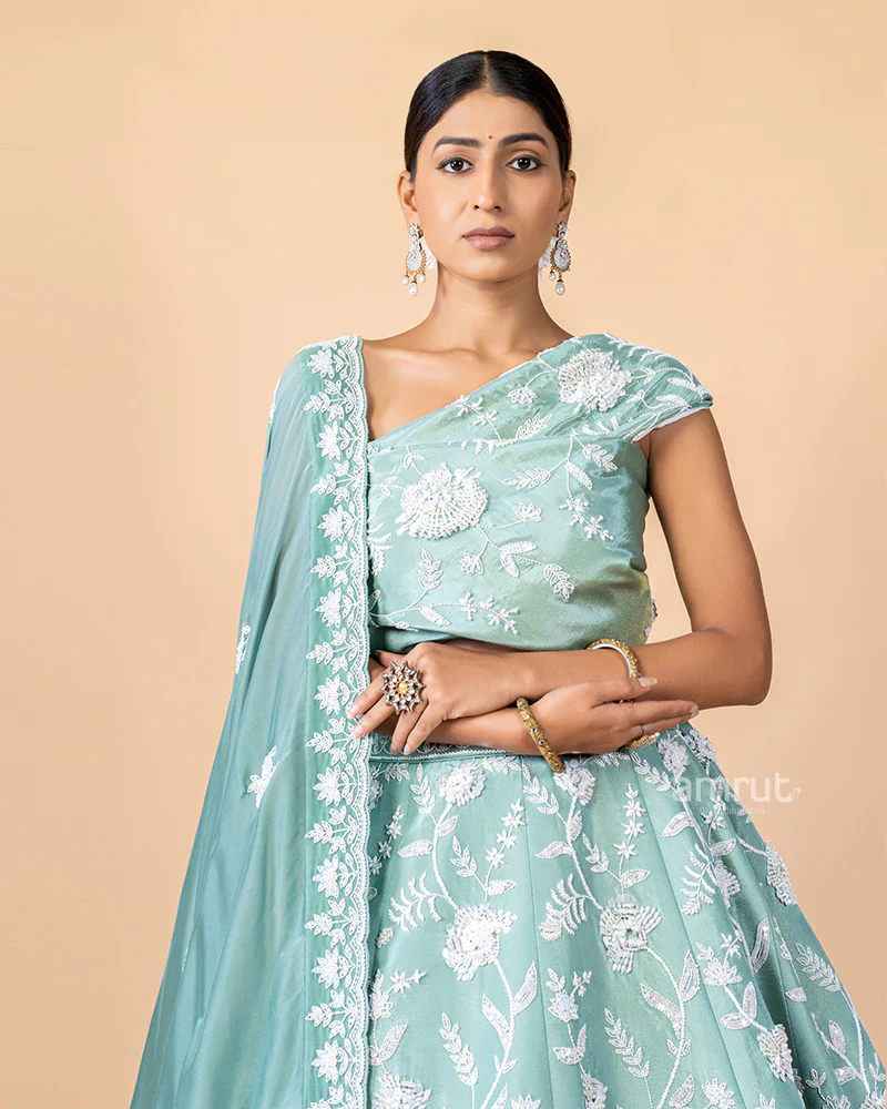 Mint Green Unstitched  Lehenga With Dupatta - Image 3