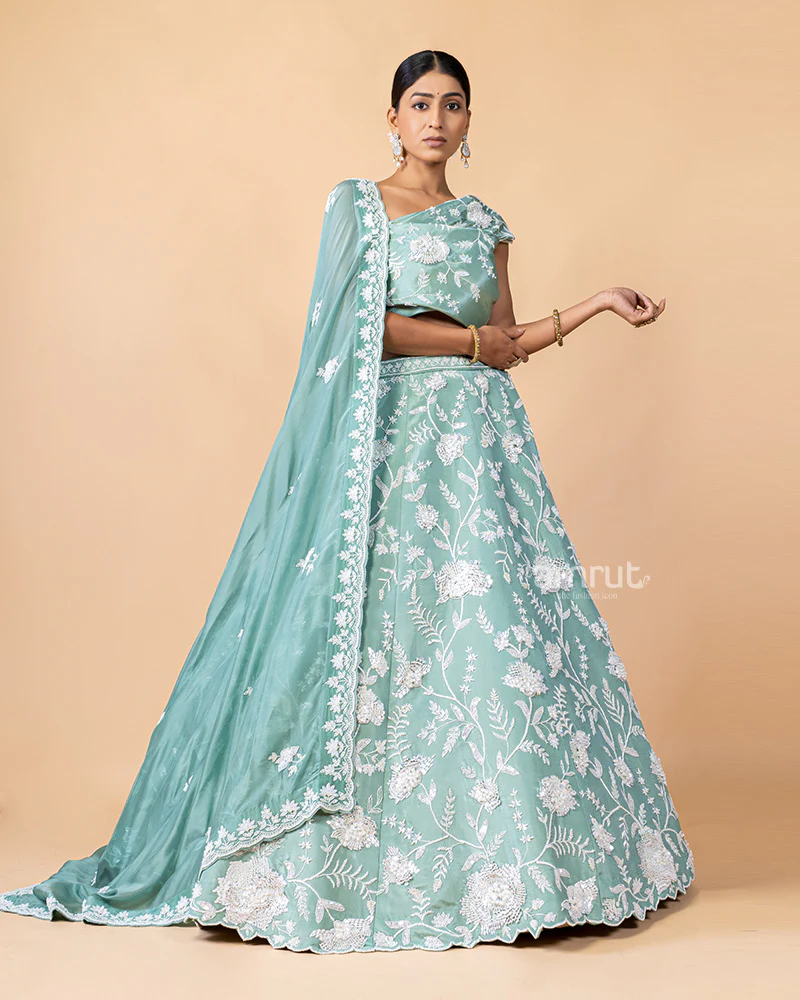 Mint Green Unstitched  Lehenga With Dupatta - Image 4